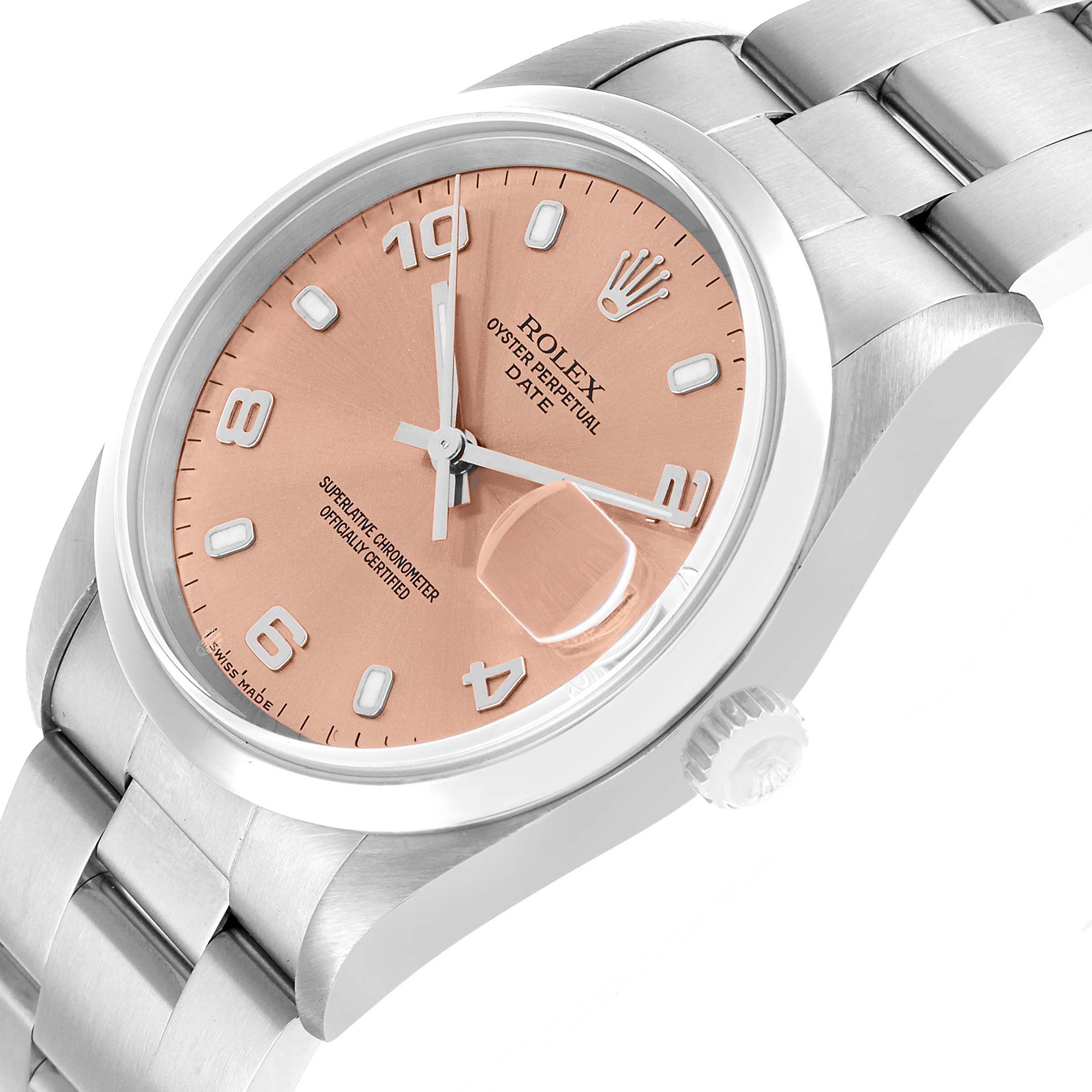 The Rolex Date 15200 Men's Stainless Steel Pink Dial watch is shown at an angle highlighting its dial, case, crown, and part of the bracelet.