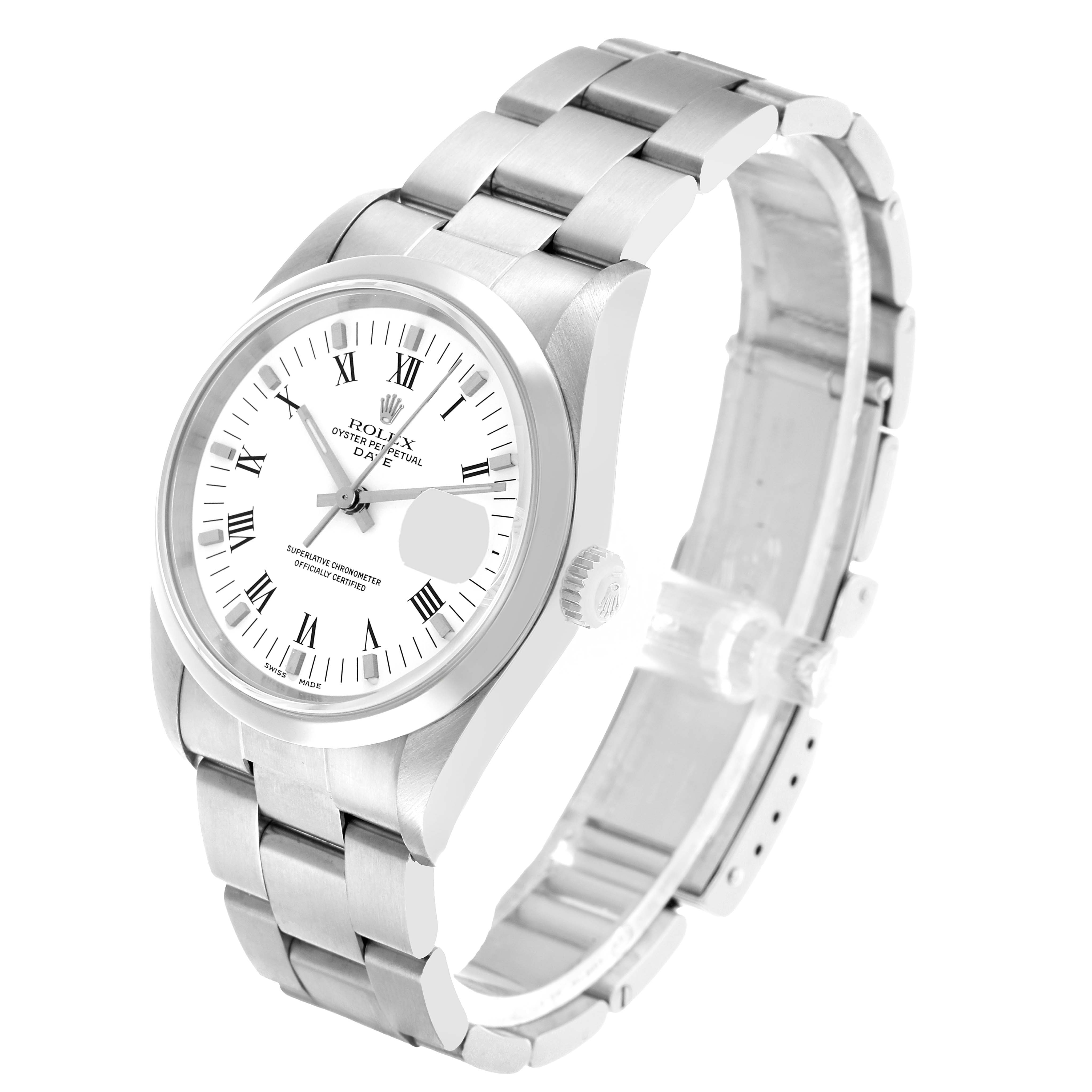 The Rolex Date 15200 Men's Stainless Steel White Dial watch is shown at a three-quarter angle, highlighting its white dial, Roman numerals, and stainless steel bracelet.