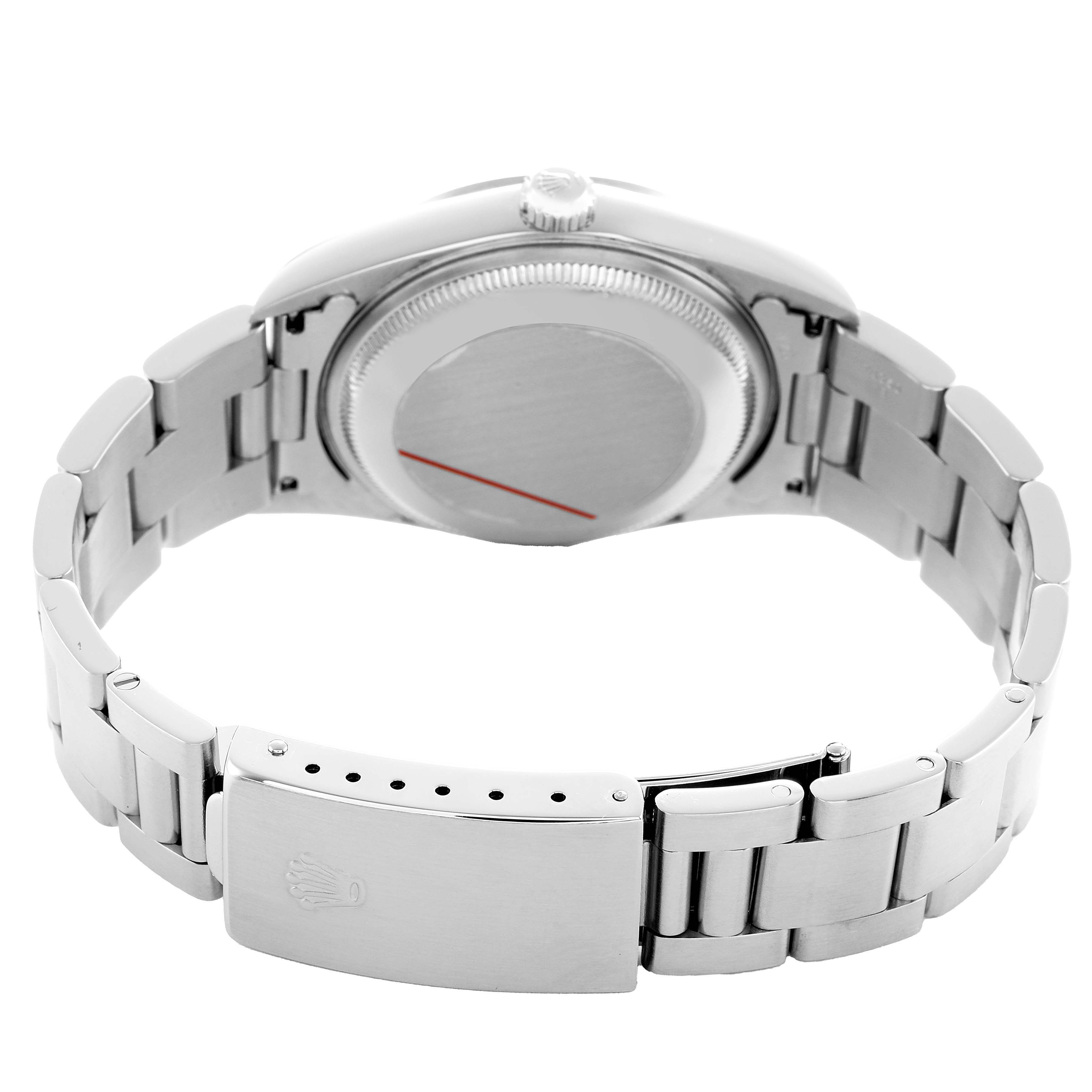 The image shows the back case, crown, and bracelet with clasp of a Rolex Date 15200 Men's Stainless Steel White Dial watch from a rear angle.