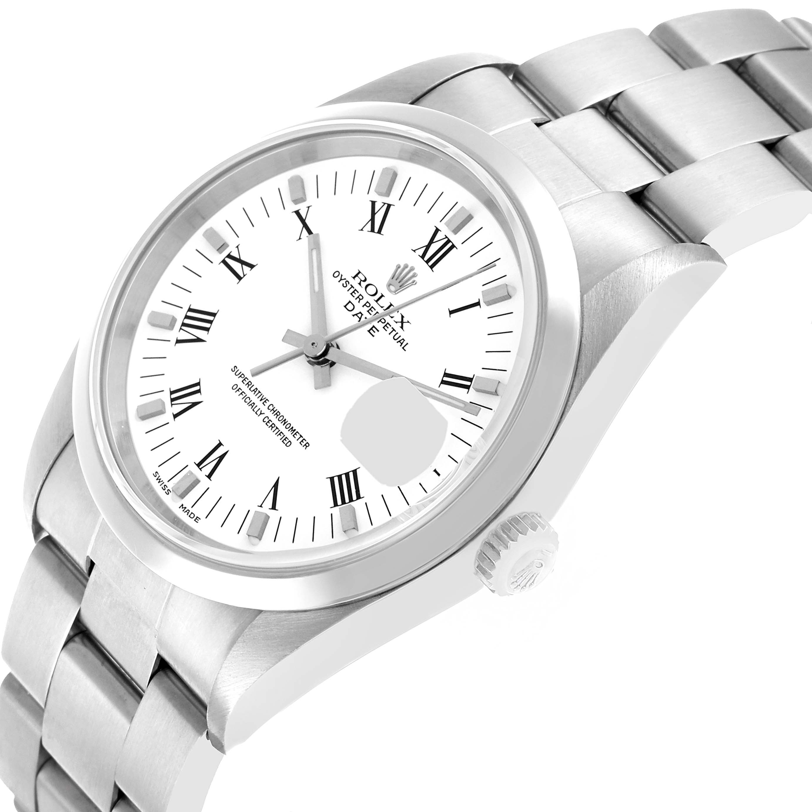 The Rolex Date 15200 Men's Stainless Steel White Dial model watch is shown at an oblique angle highlighting the face, bezel, crown, and part of the bracelet.