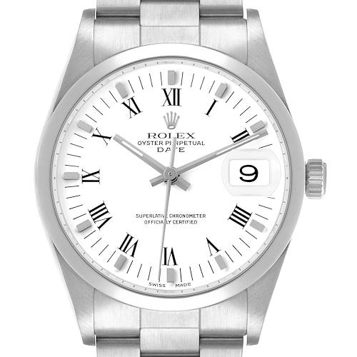 The image shows a front view of the Rolex Date 15200 Men's Stainless Steel White Dial watch, highlighting its white dial, Roman numerals, and date window.