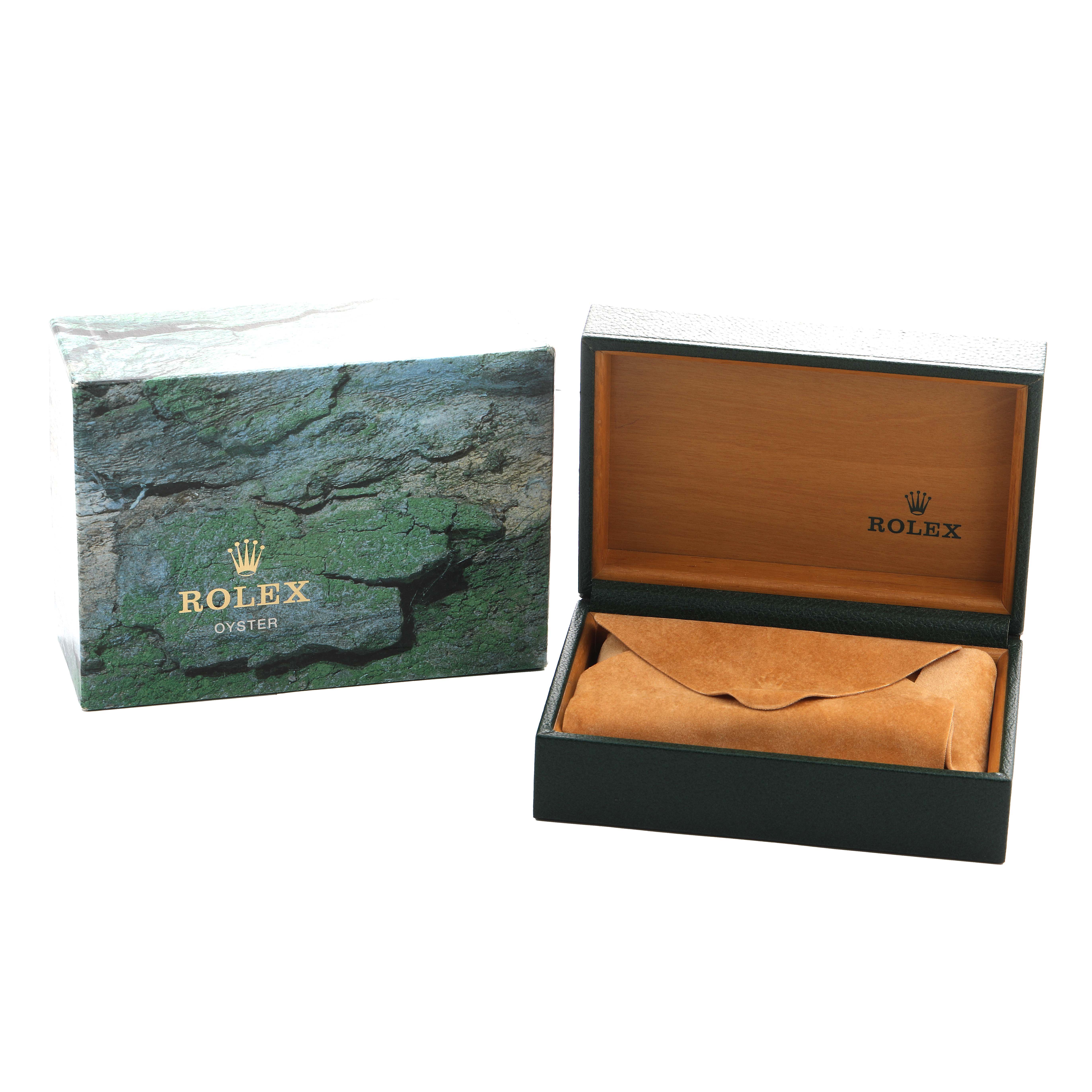 The image shows a Rolex Date 15200 Men's Stainless Steel White Dial model watch box set, including an outer box and an open display box with a suede pouch.