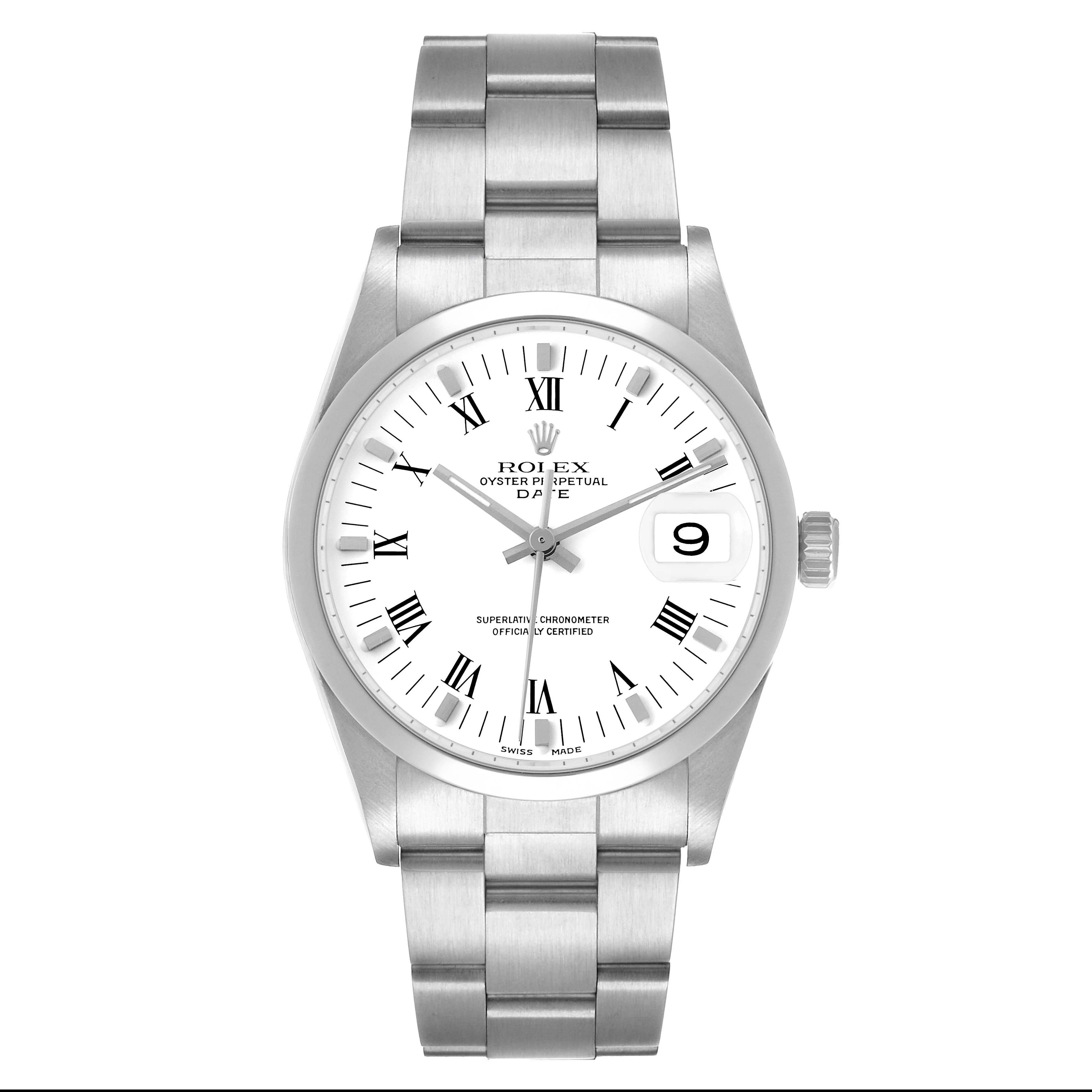 The Rolex Date 15200 Men's Stainless Steel White Dial watch is shown from the front, displaying the dial, hands, and bracelet.