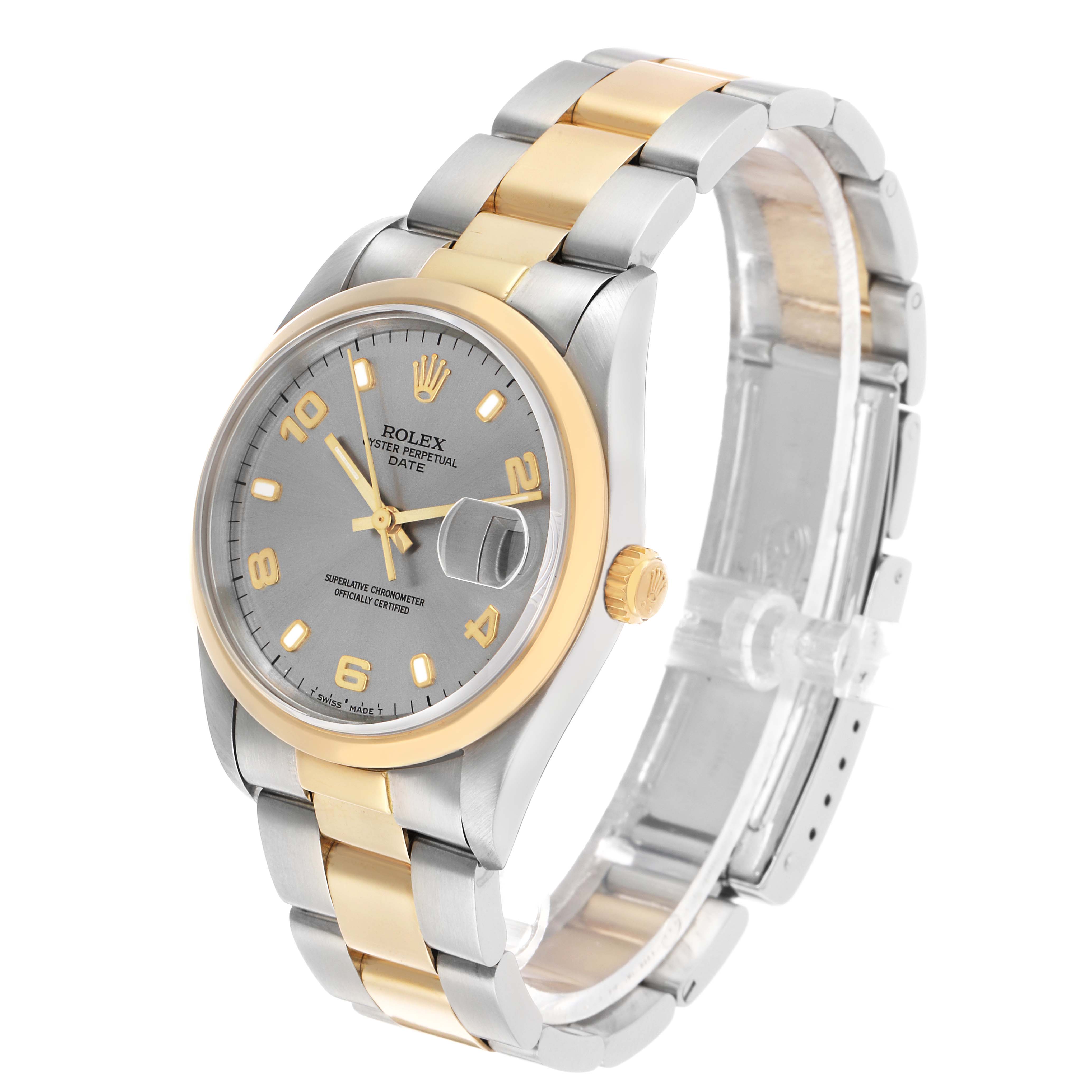This Rolex Date 15203 Men's Steel and Gold (two tone) Grey Dial watch is shown at a slight angle, highlighting its two-tone bracelet, dial, and magnified date window.
