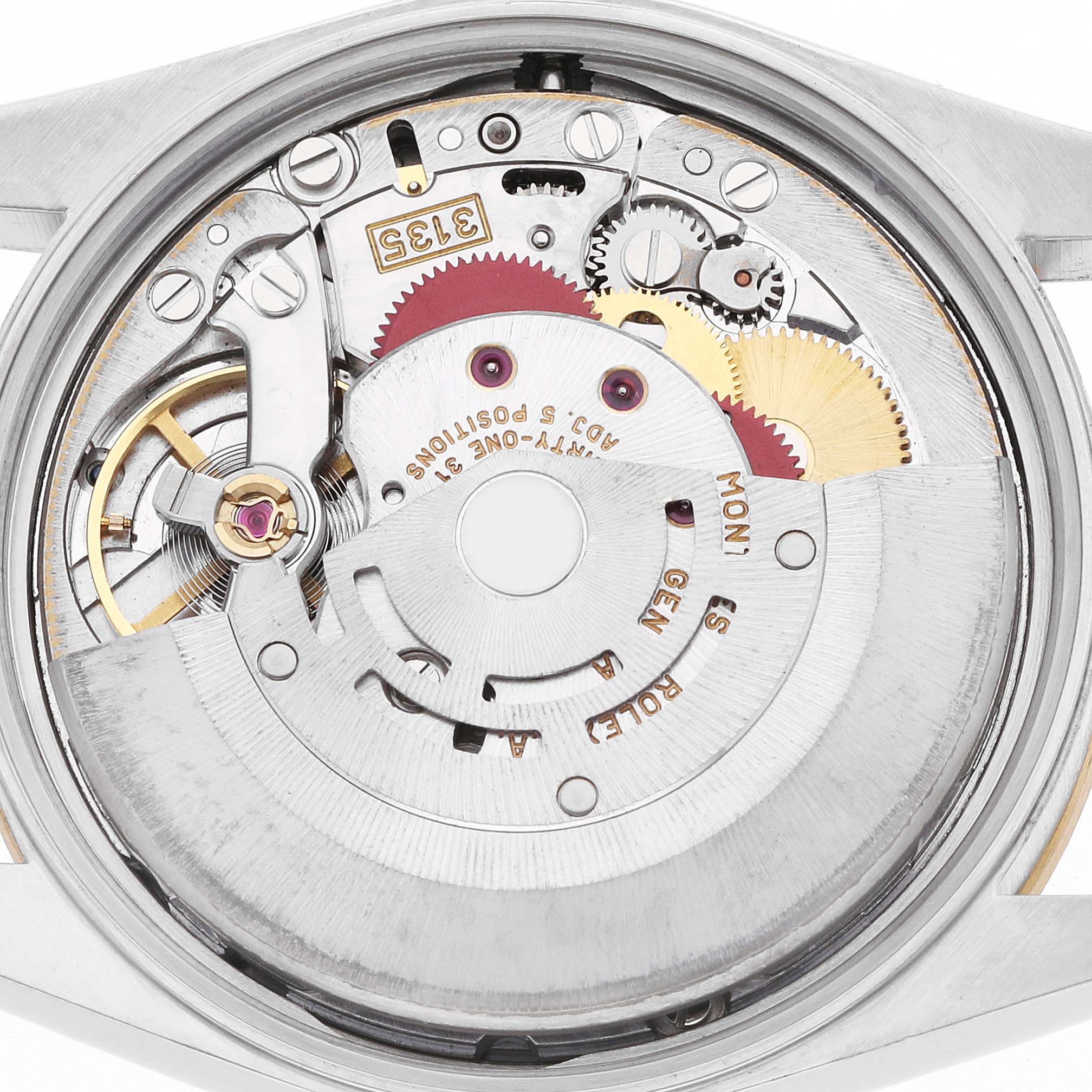 The image shows the intricate internal mechanism of a Rolex Date 15203 Men's Steel and Gold (two tone) Grey Dial model from a back view, highlighting the movement and gears.