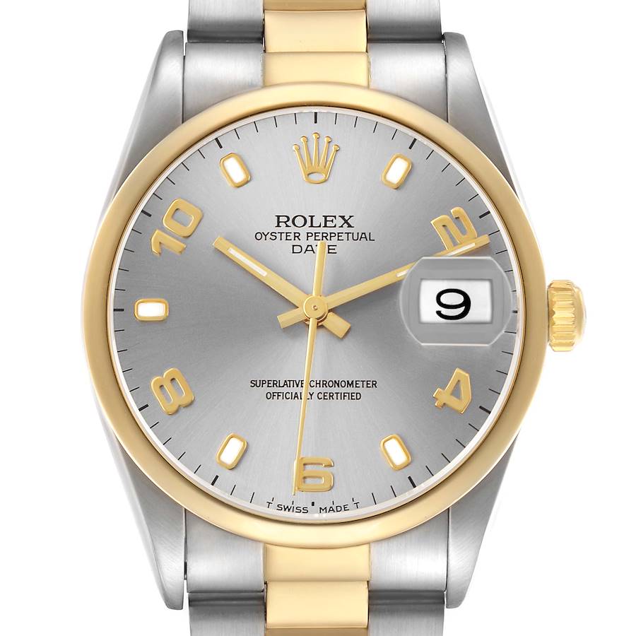 The Rolex Date 15203 Men's Steel and Gold (two tone) Grey Dial watch is shown from a front angle, highlighting the dial, date window, and part of the bracelet.