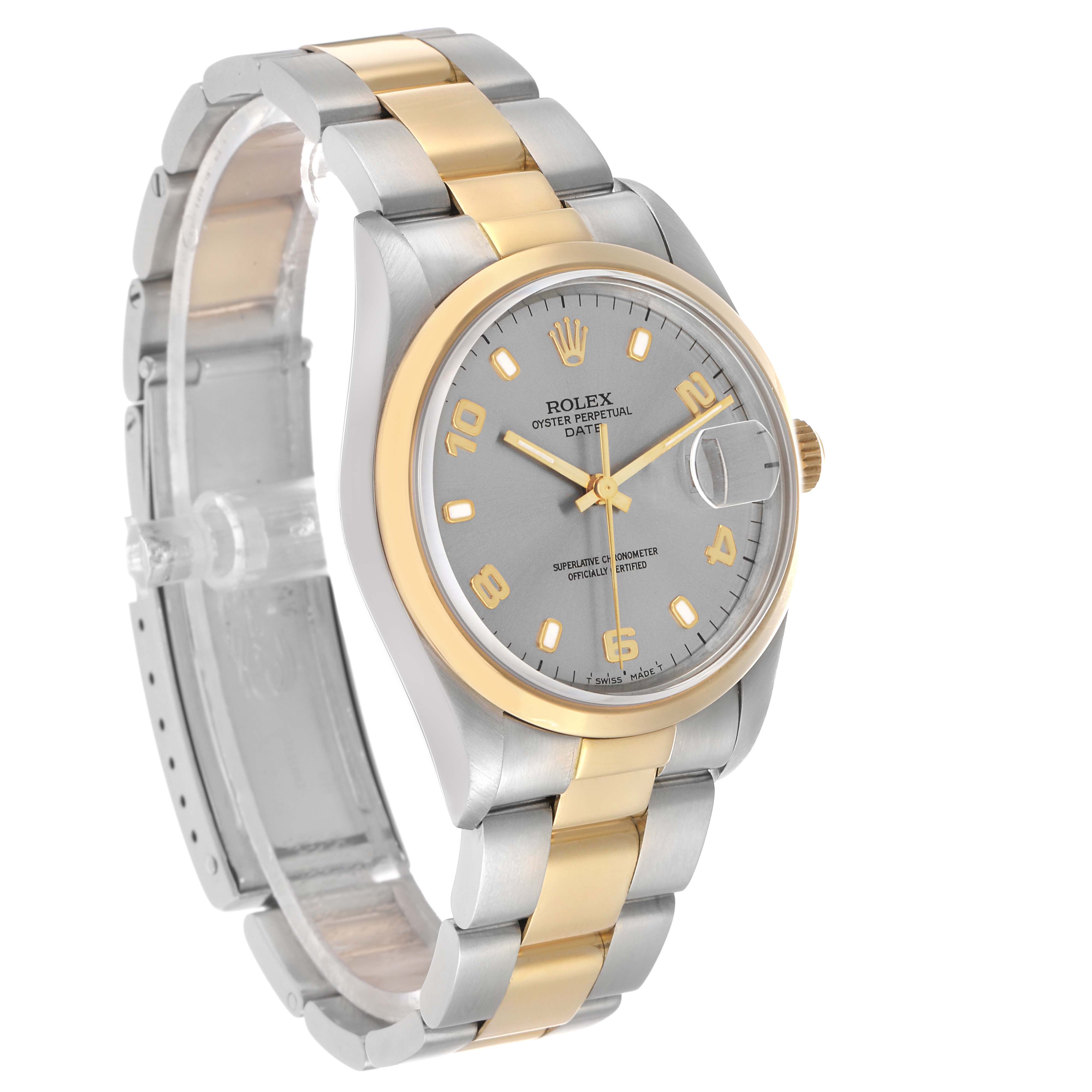 The Rolex Date 15203 Men's Steel and Gold (two tone) Grey Dial watch is displayed at a three-quarter angle, showing the face, bezel, case, and part of the bracelet.
