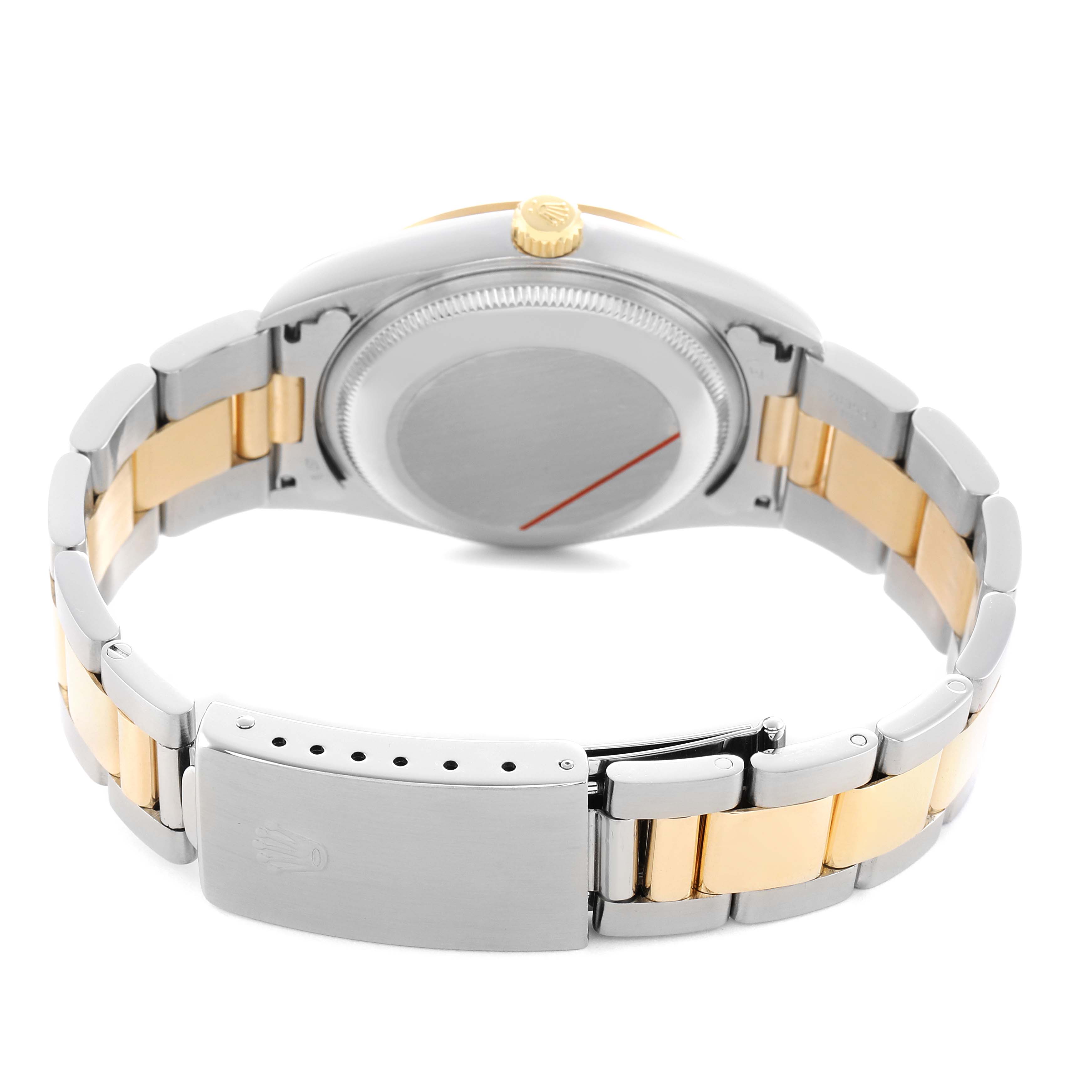 This image shows the back of the Rolex Date 15203 Men's Steel and Gold (two tone) Grey Dial model, focusing on the case, crown, and two-tone bracelet with clasp.