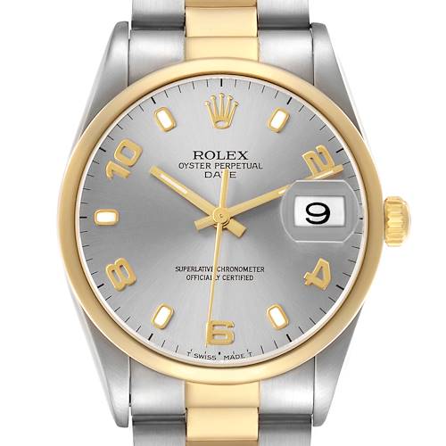 The Rolex Date 15203 Men's Steel and Gold (two tone) Grey Dial model is viewed from the front, showing the dial, bezel, crown, and part of the bracelet.