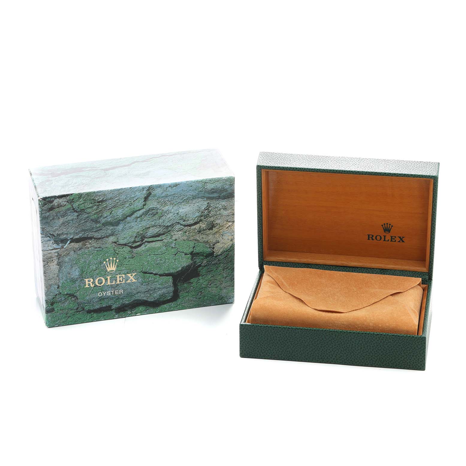 The image shows the packaging for a Rolex Date 15203 Men's Steel and Gold (two tone) Grey Dial model, including an outer box and an open inner box with a cushion inside.