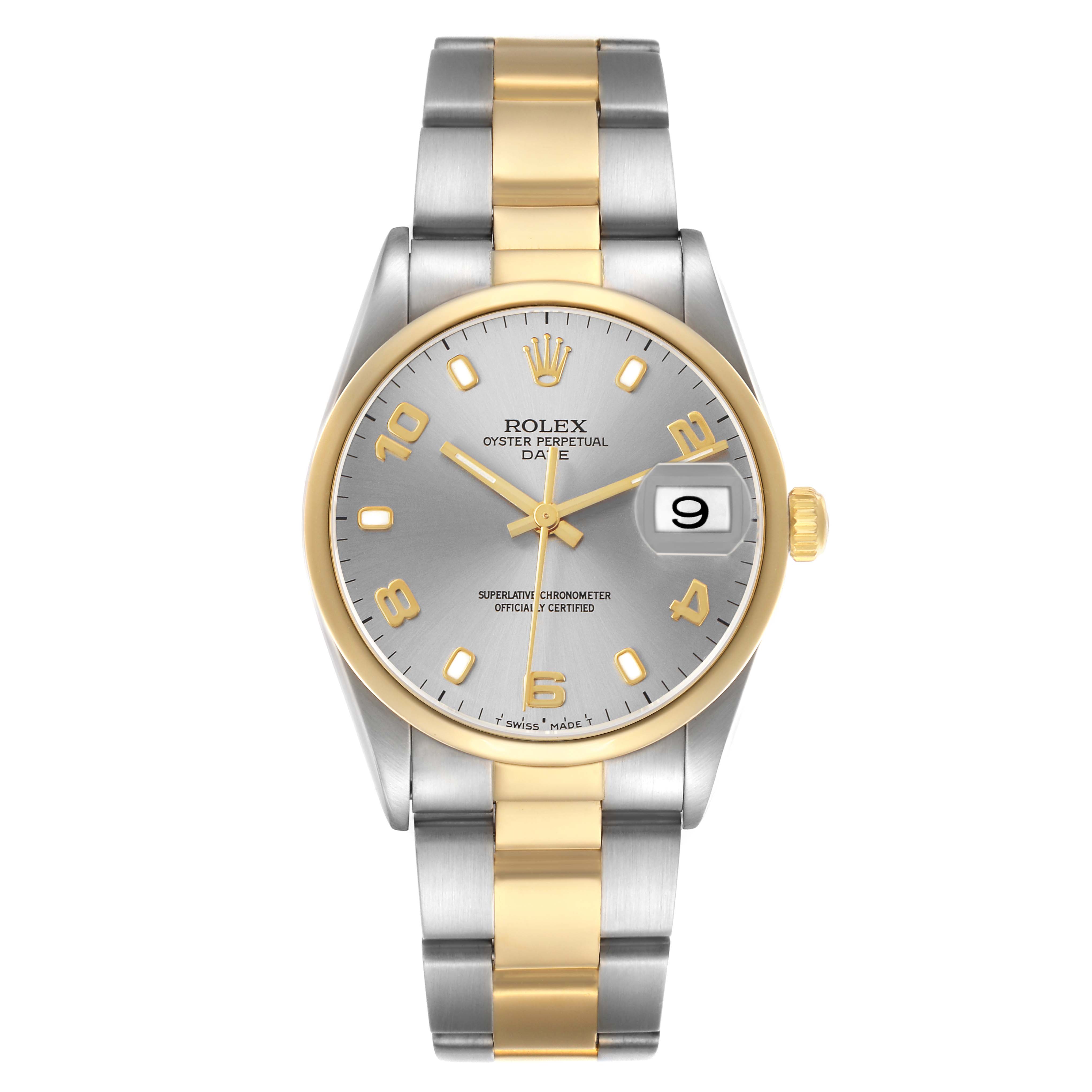 The Rolex Date 15203 Men's Steel and Gold (two tone) Grey Dial model watch is shown from the front, highlighting the dial, bezel, and bi-metal bracelet.