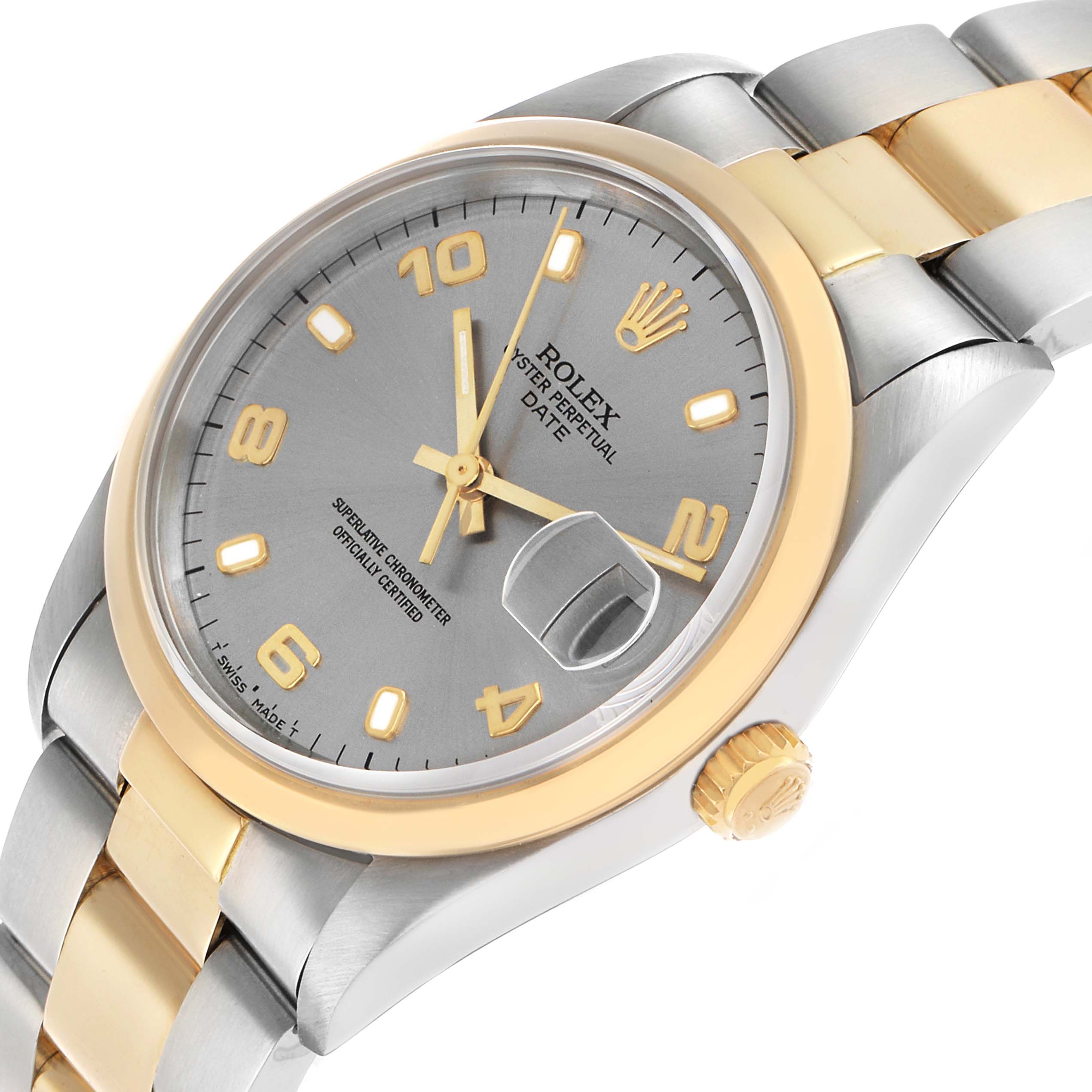 The Rolex Date 15203 Men's Steel and Gold (two tone) Grey Dial watch is shown at a slight angle, highlighting the bezel, dial, crown, and part of the bracelet.