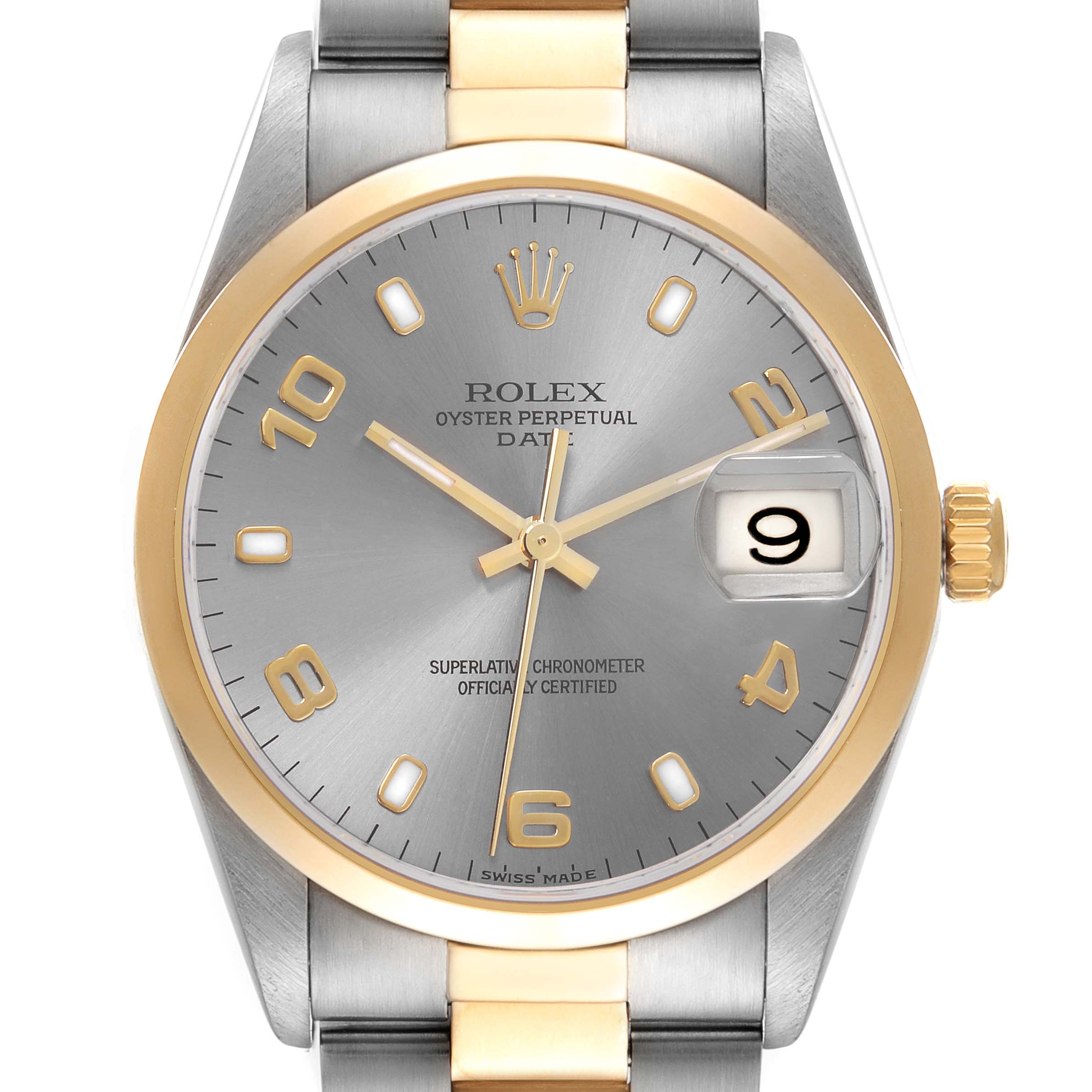 The Rolex Date 15203 Men's Steel and Gold (two tone) Grey Dial 15203 Men's Steel and Gold (two tone) Grey Dial model is shown from the front, highlighting the dial, bezel, hands, date window, and part of the bracelet.