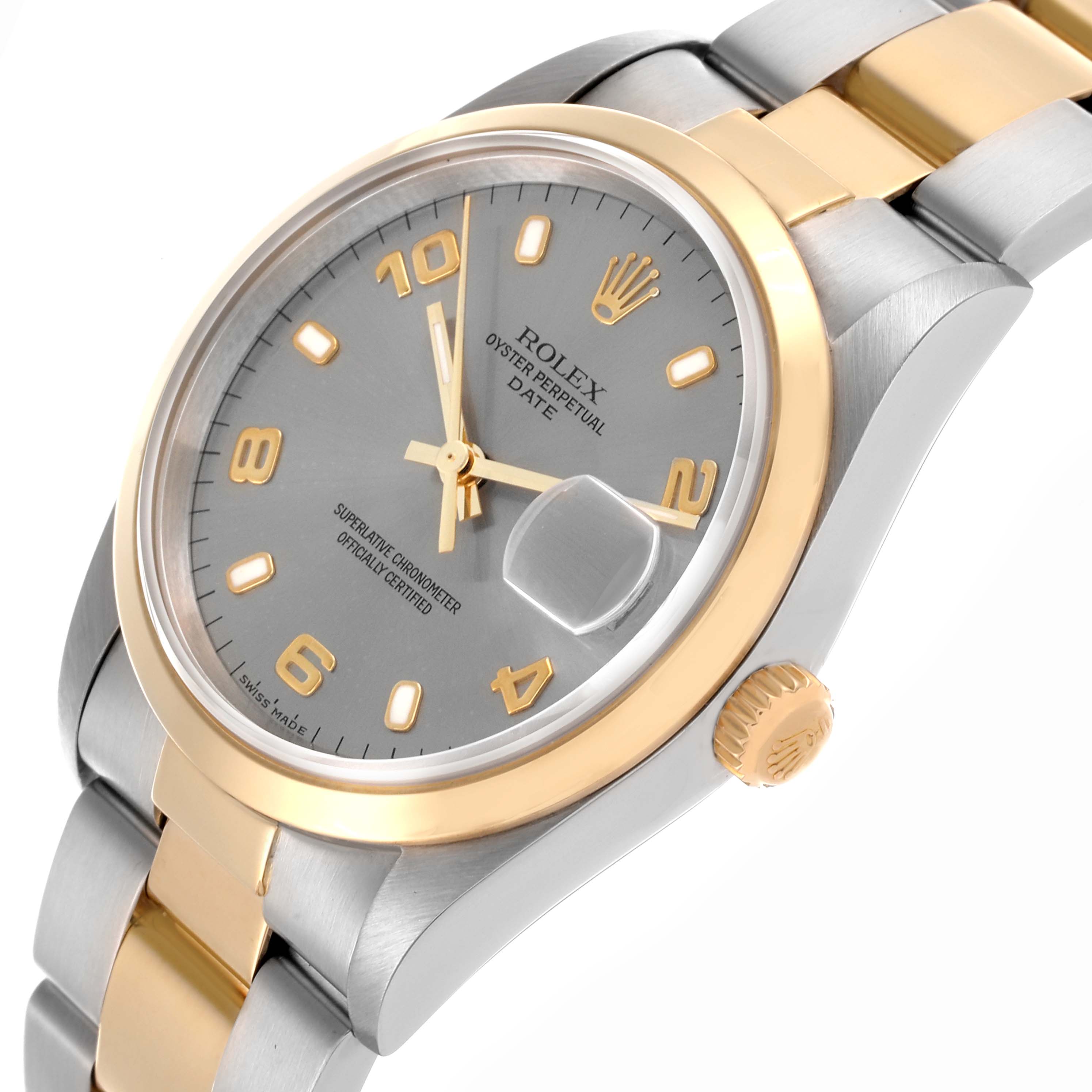The Rolex Date 15203 Men's Steel and Gold (two tone) Grey Dial 15203 Men's Steel and Gold (two tone) Grey Dial watch is shown from a front angle displaying the face, case, crown, and part of the bracelet.
