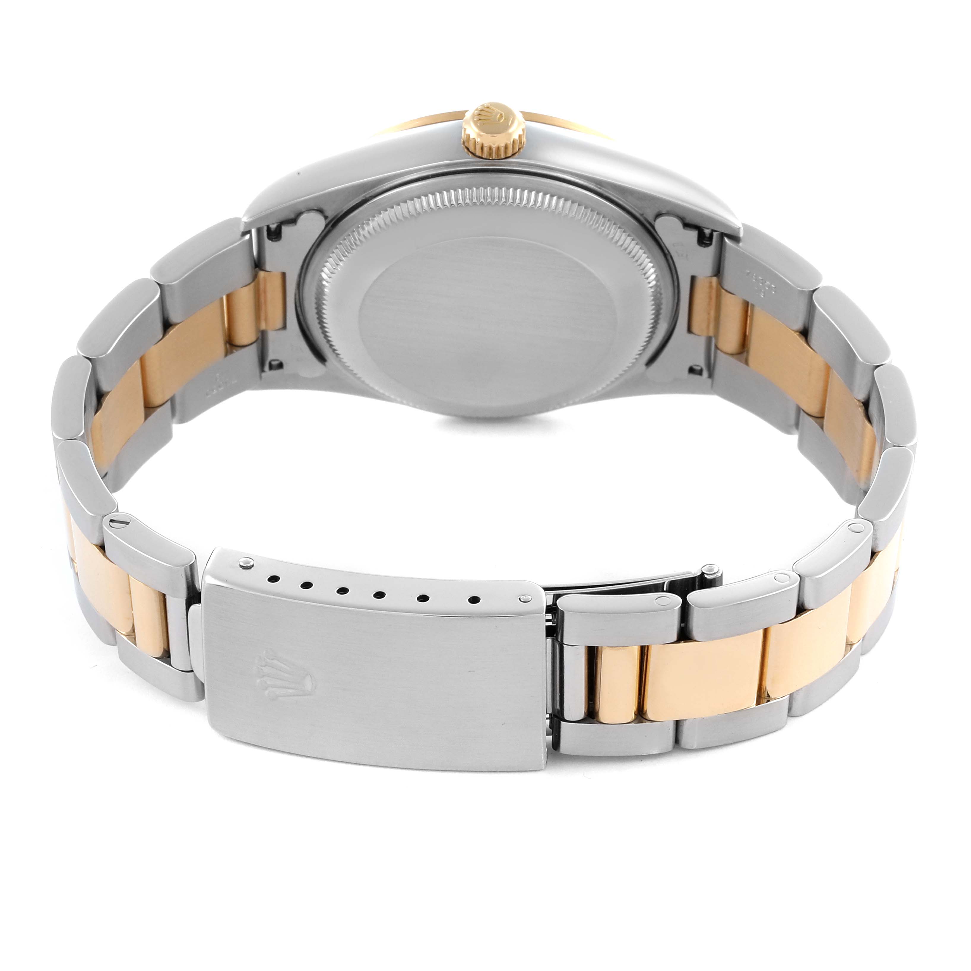 The image shows the back view of the Rolex Date 15203 Men's Steel and Gold (two tone) Grey Dial 15203 Men's Steel and Gold (two tone) Grey Dial model, highlighting the case back, crown, and two-tone bracelet with clasp.