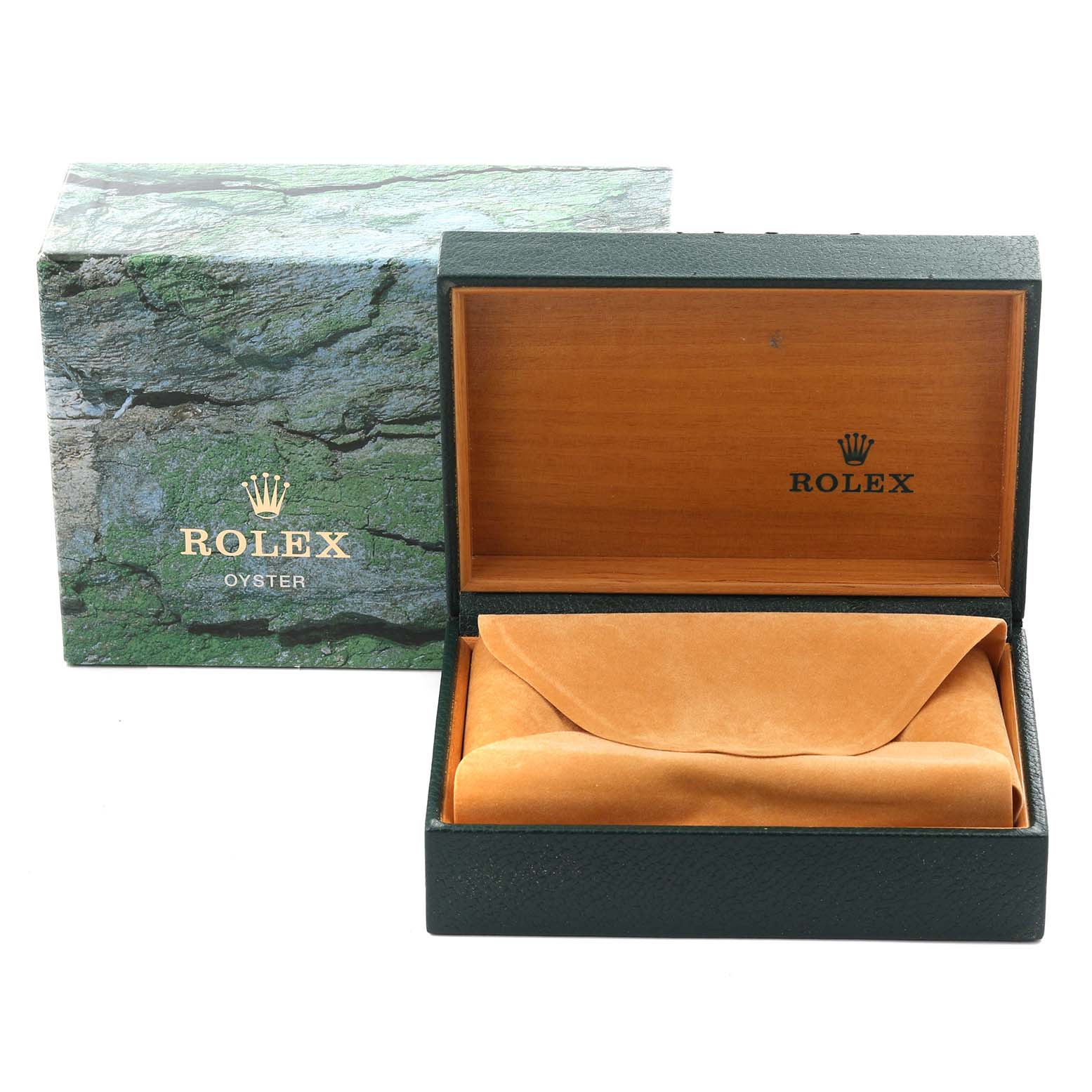 The image shows a Rolex Date 15203 Men's Steel and Gold (two tone) Grey Dial 15203 Men's Steel and Gold (two tone) Grey Dial model watch box, including an outer box and a watch pouch inside an open case.