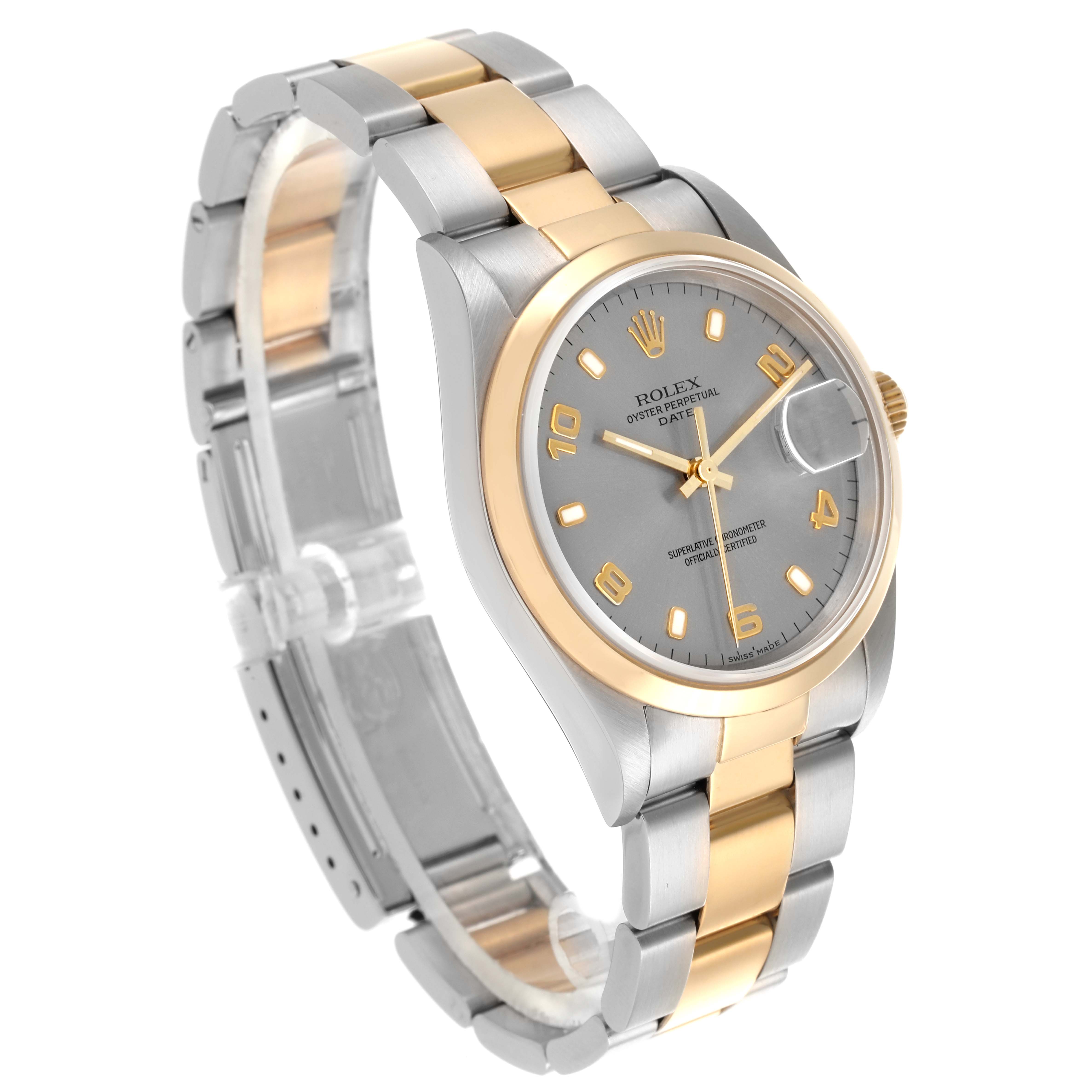 The Rolex Date 15203 Men's Steel and Gold (two tone) Grey Dial 15203 Men's Steel and Gold (two tone) Grey Dial watch is shown from a three-quarter angle, displaying the face, bezel, and two-tone bracelet.