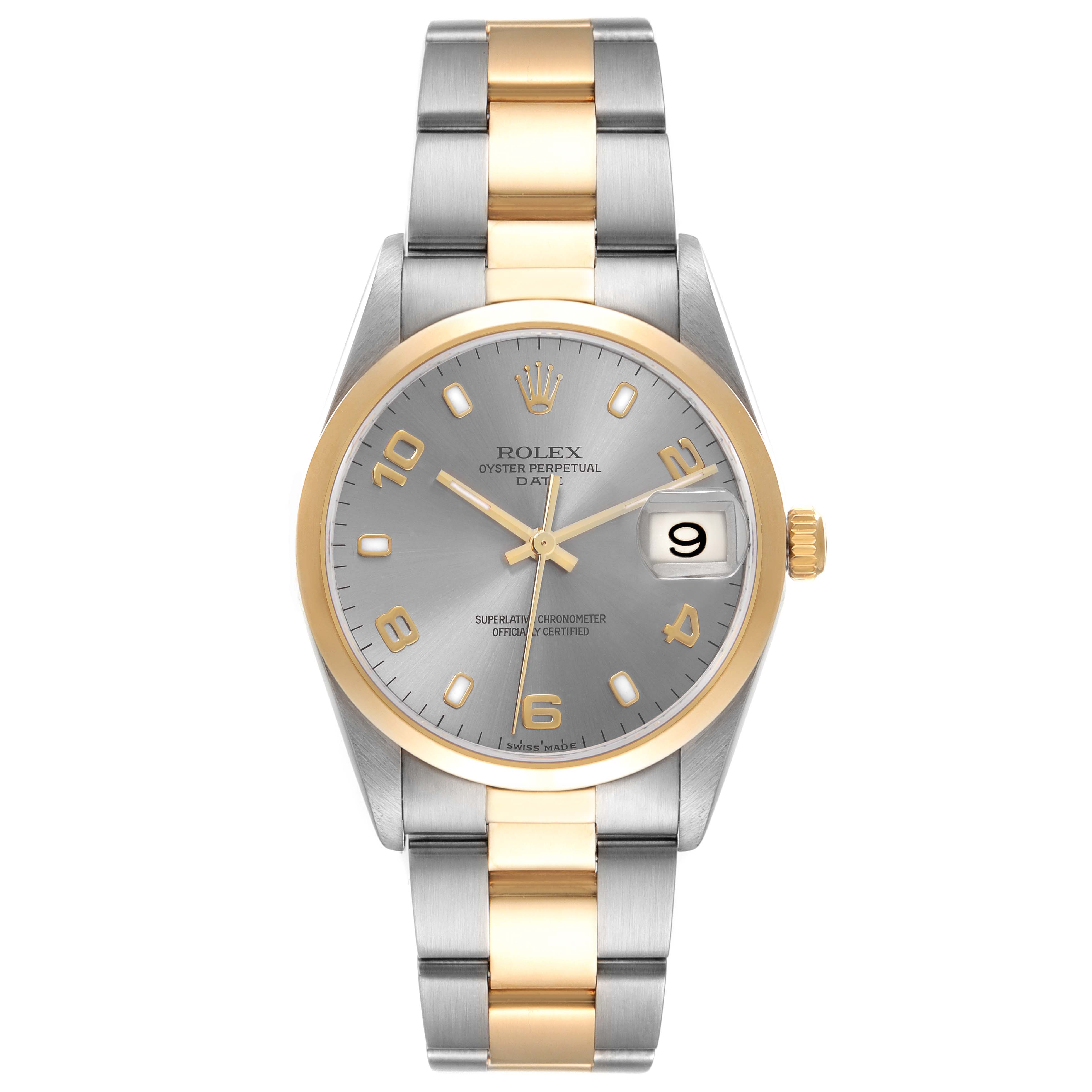 The Rolex Date 15203 Men's Steel and Gold (two tone) Grey Dial 15203 Men's Steel and Gold (two tone) Grey Dial watch is shown from a front angle, displaying its dial, bezel, bracelet, and date window.