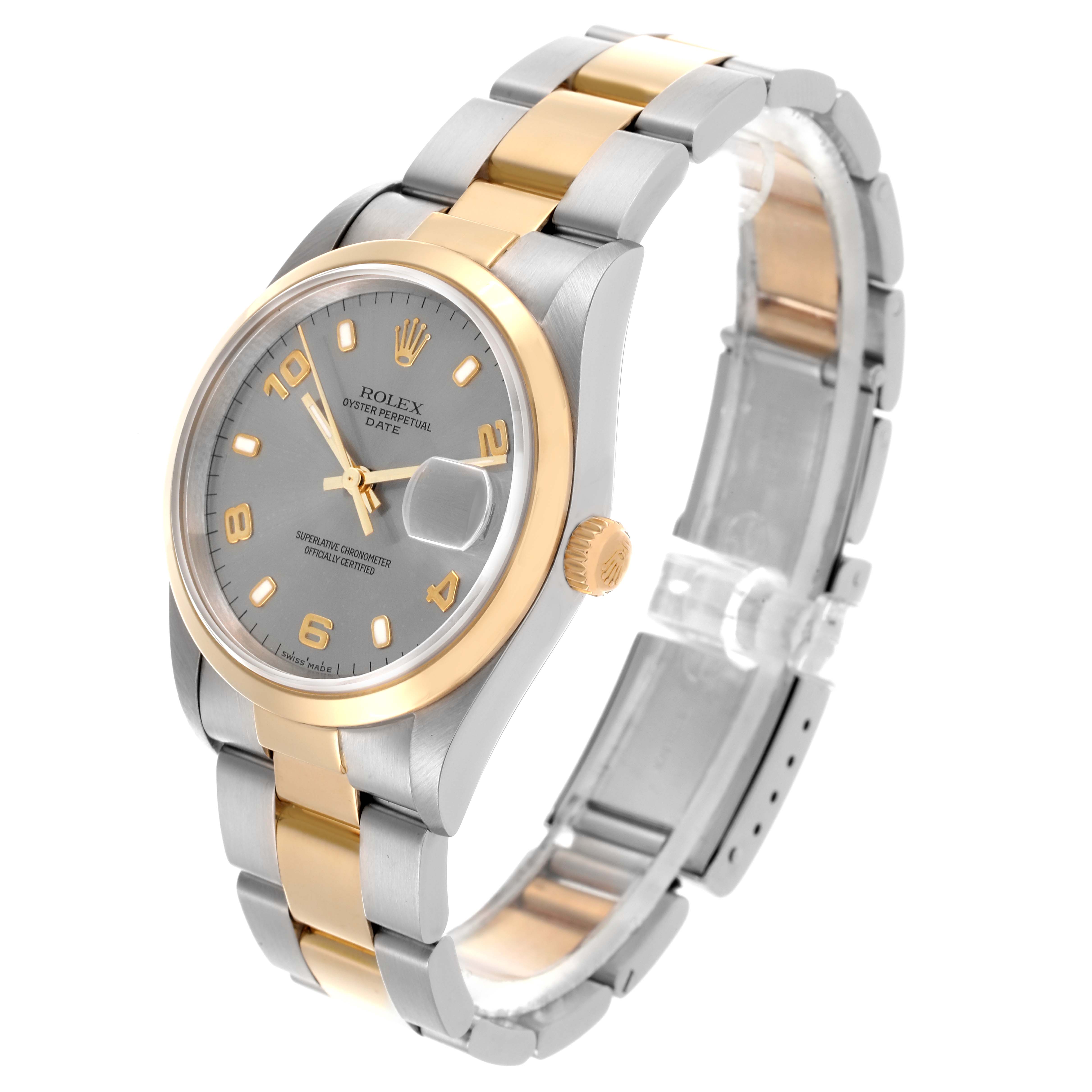 The Rolex Date 15203 Men's Steel and Gold (two tone) Grey Dial 15203 Men's Steel and Gold (two tone) Grey Dial is shown at a three-quarter angle, displaying the dial, bezel, case, and full bracelet.