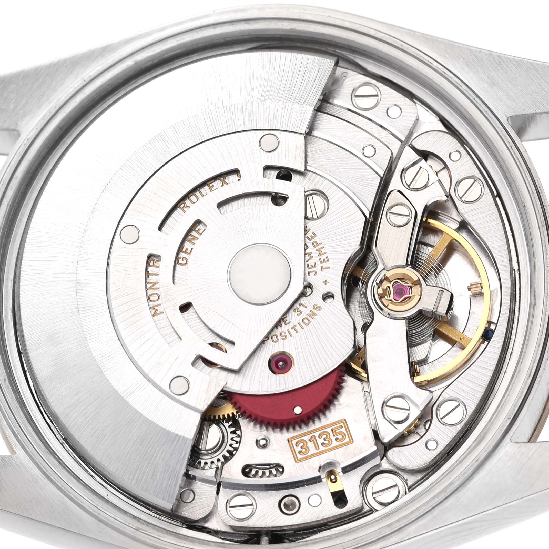The image shows the open case back and intricate internal movement of a Rolex Date 15203 Men's Steel and Gold (two tone) Grey Dial 15203 Men's Steel and Gold (two tone) Grey Dial watch, emphasizing the mechanism details.
