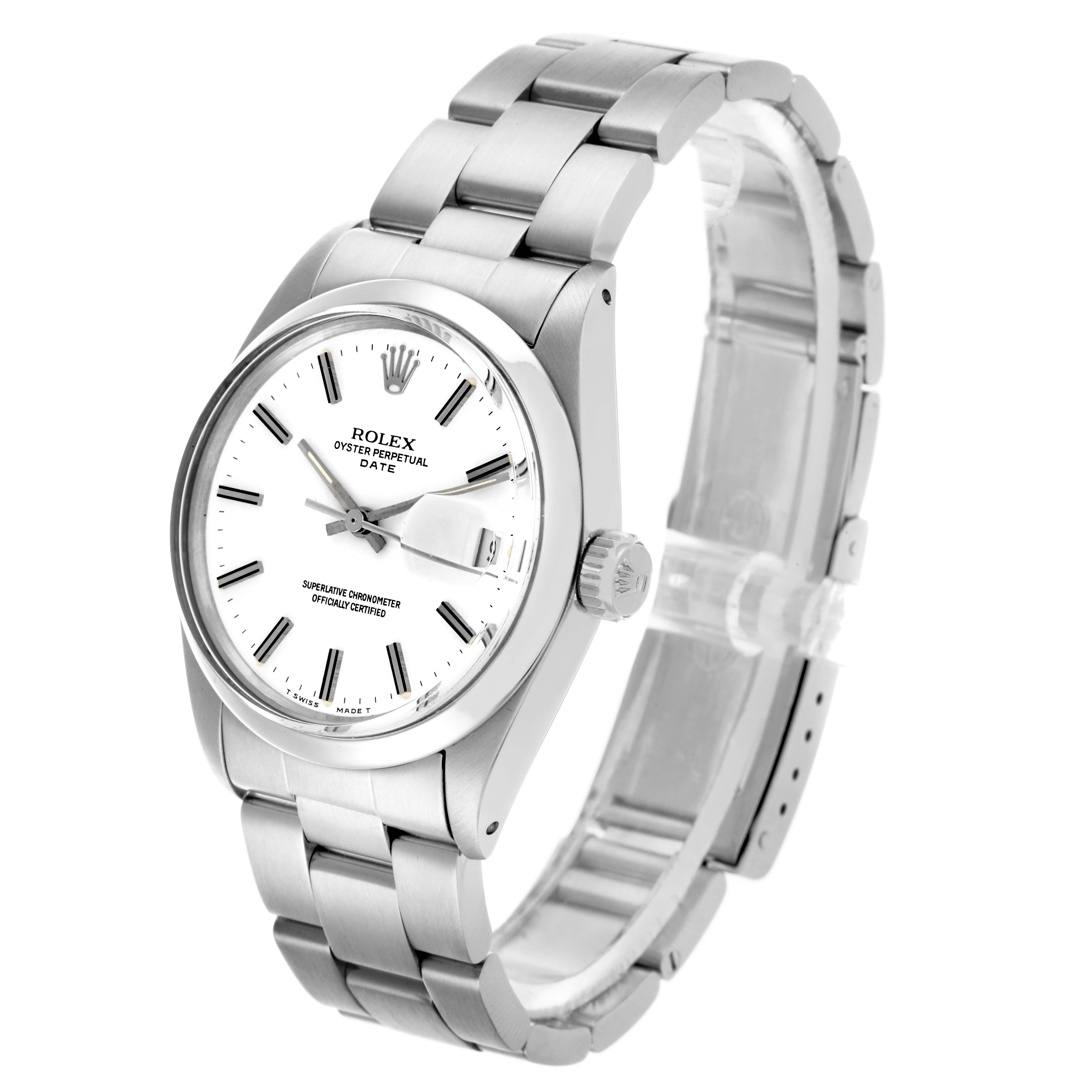 The Rolex Date 66579 Men's Stainless Steel White Dial 66579 Men's Stainless Steel White Dial model watch is shown at a three-quarter angle, displaying the face, bezel, crown, and part of the bracelet.