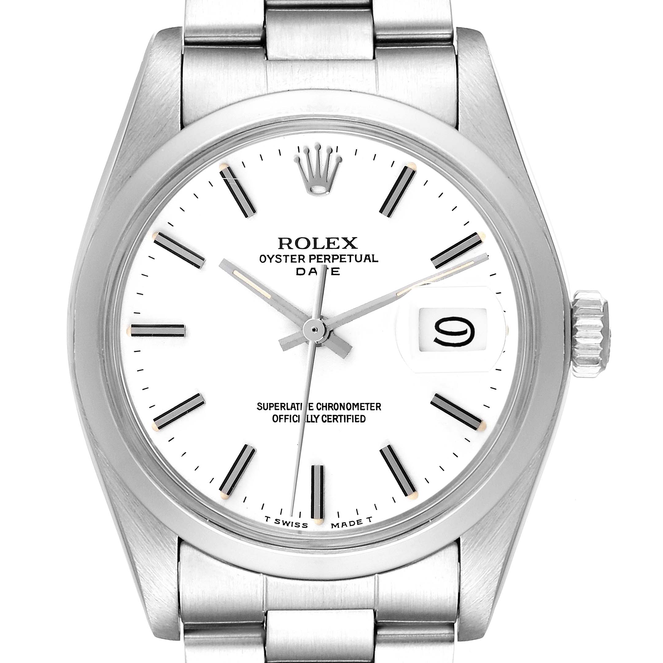 The Rolex Date 66579 Men's Stainless Steel White Dial 66579 Men's Stainless Steel White Dial watch is shown from a top-down angle, displaying the face, bezel, crown, and part of the bracelet.