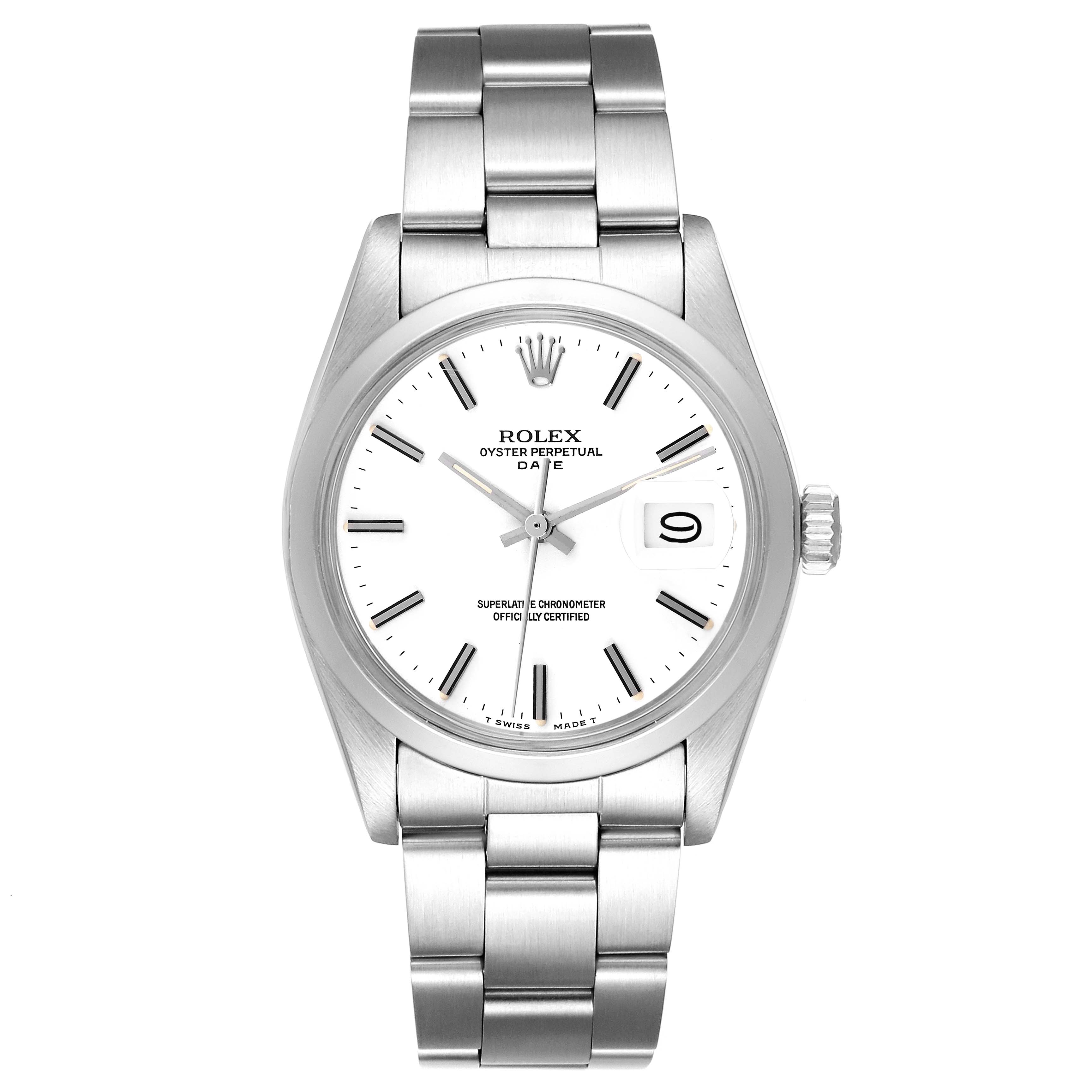 The Rolex Date 66579 Men's Stainless Steel White Dial 66579 Men's Stainless Steel White Dial model watch is shown from a top view, displaying the dial, bezel, and bracelet.