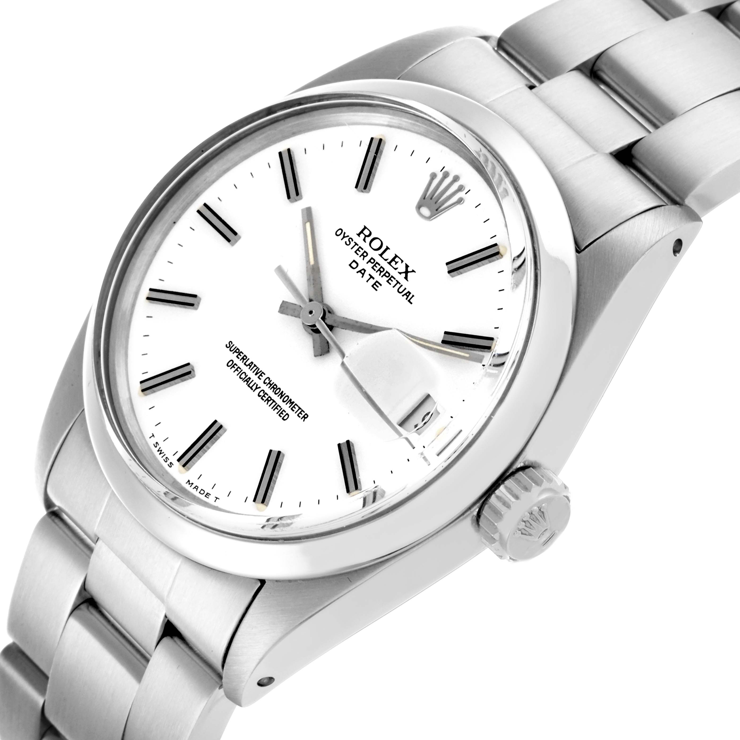 The Rolex Date 66579 Men's Stainless Steel White Dial 66579 Men's Stainless Steel White Dial watch is shown at an angled view, highlighting the dial, case, crown, and part of the bracelet.