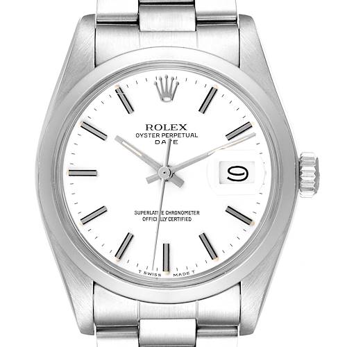 The Rolex Date watch is shown from a front angle, displaying the face, bezel, and part of the bracelet.