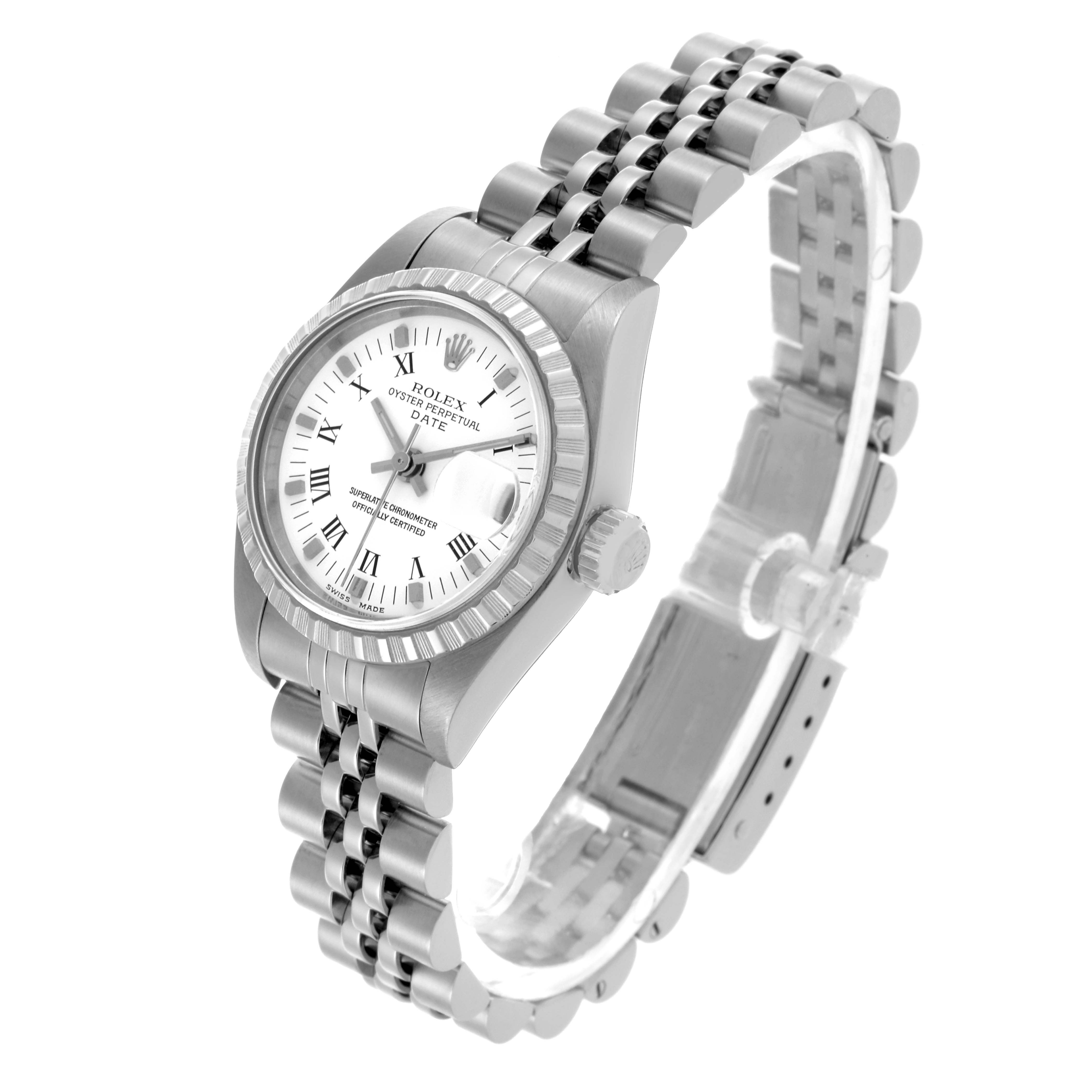 The Rolex Date 79240 Women
s Stainless Steel White Dial 79240 Women
s Stainless Steel White Dial watch is shown at a three-quarter angle, highlighting the face, bezel, crown, and bracelet.