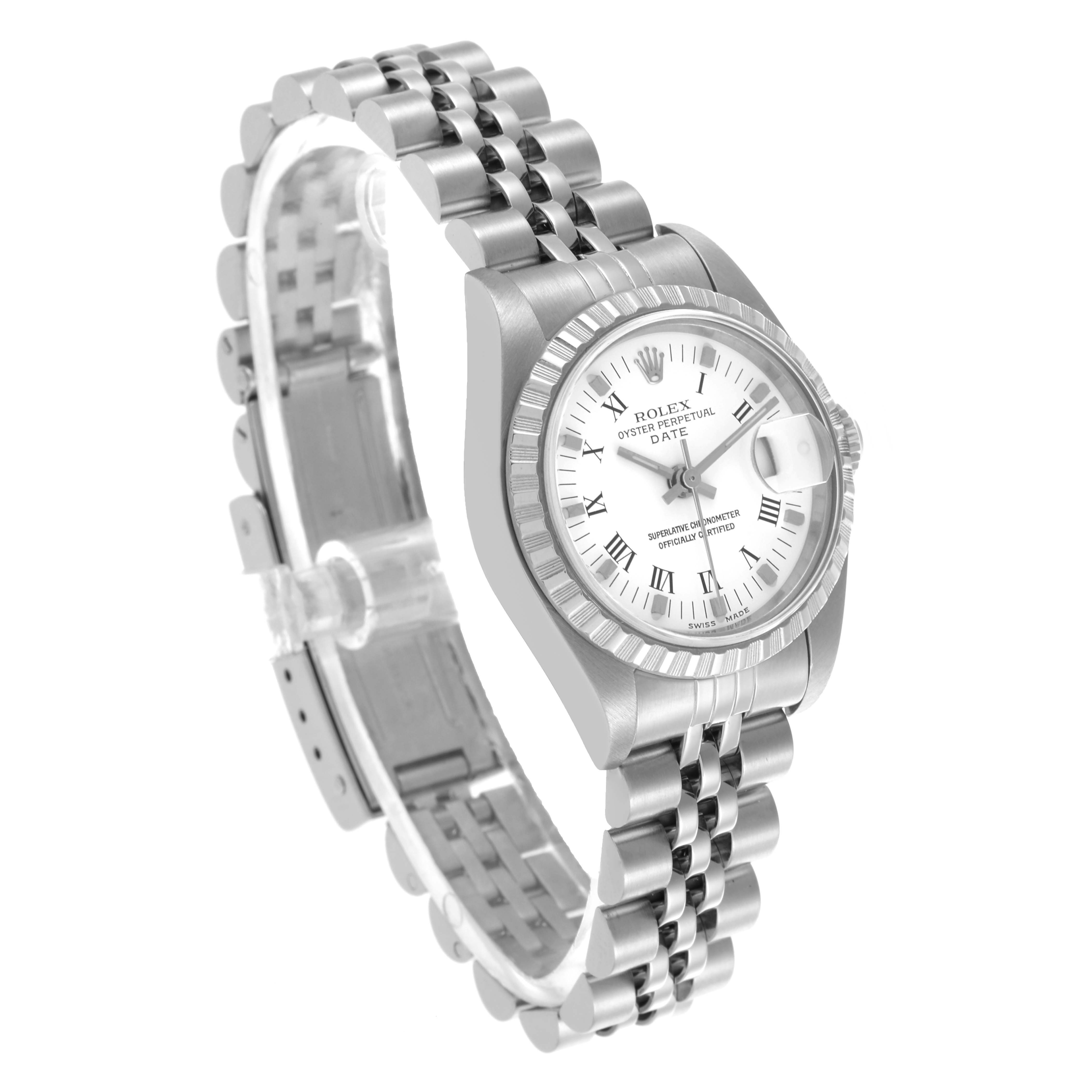 The Rolex Date 79240 Women
s Stainless Steel White Dial 79240 Women
s Stainless Steel White Dial watch is shown from an angled side view, highlighting the face, bezel, and bracelet.