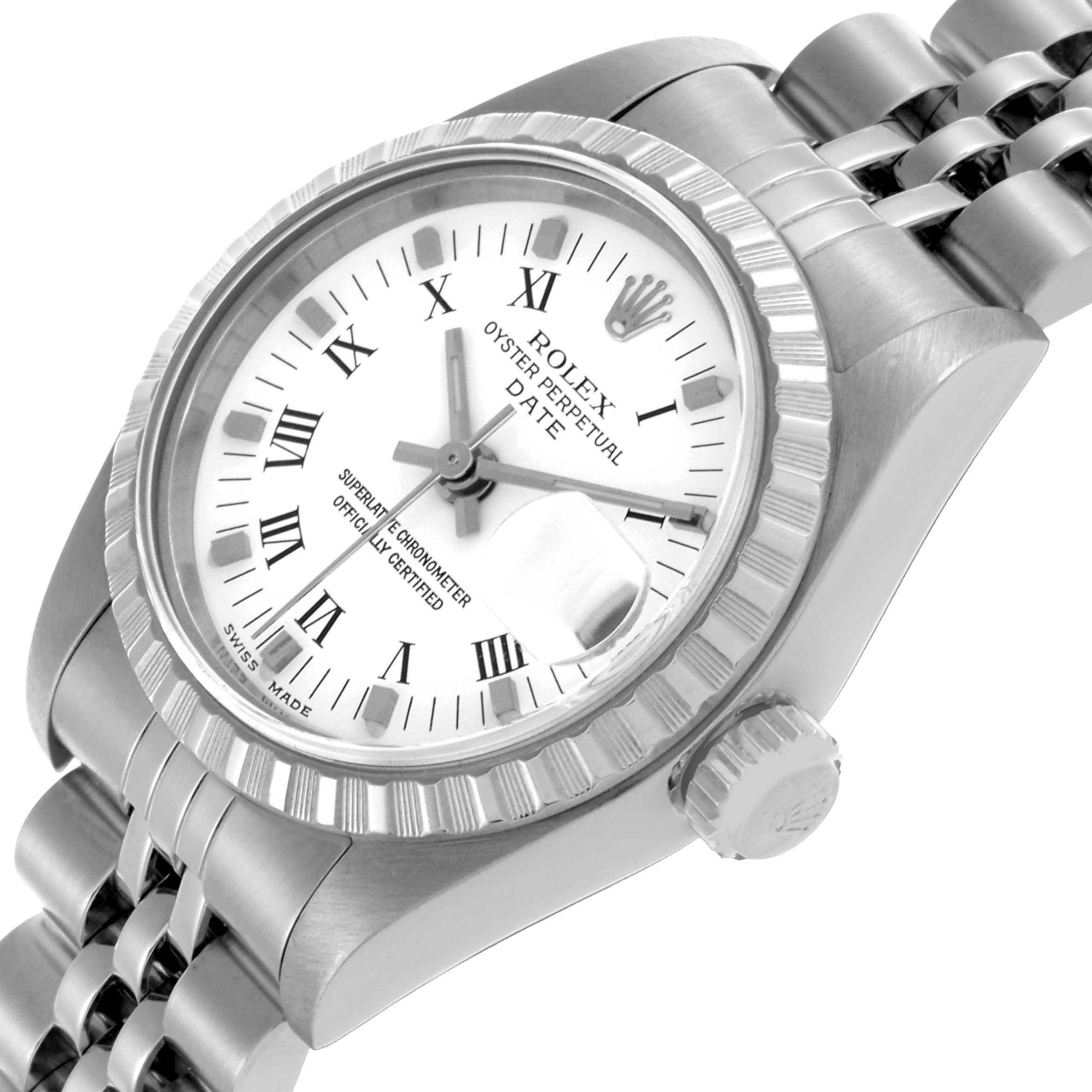 The Rolex Date 79240 Women
s Stainless Steel White Dial 79240 Women
s Stainless Steel White Dial model watch is shown at an angle highlighting the dial, bezel, crown, and part of the bracelet.