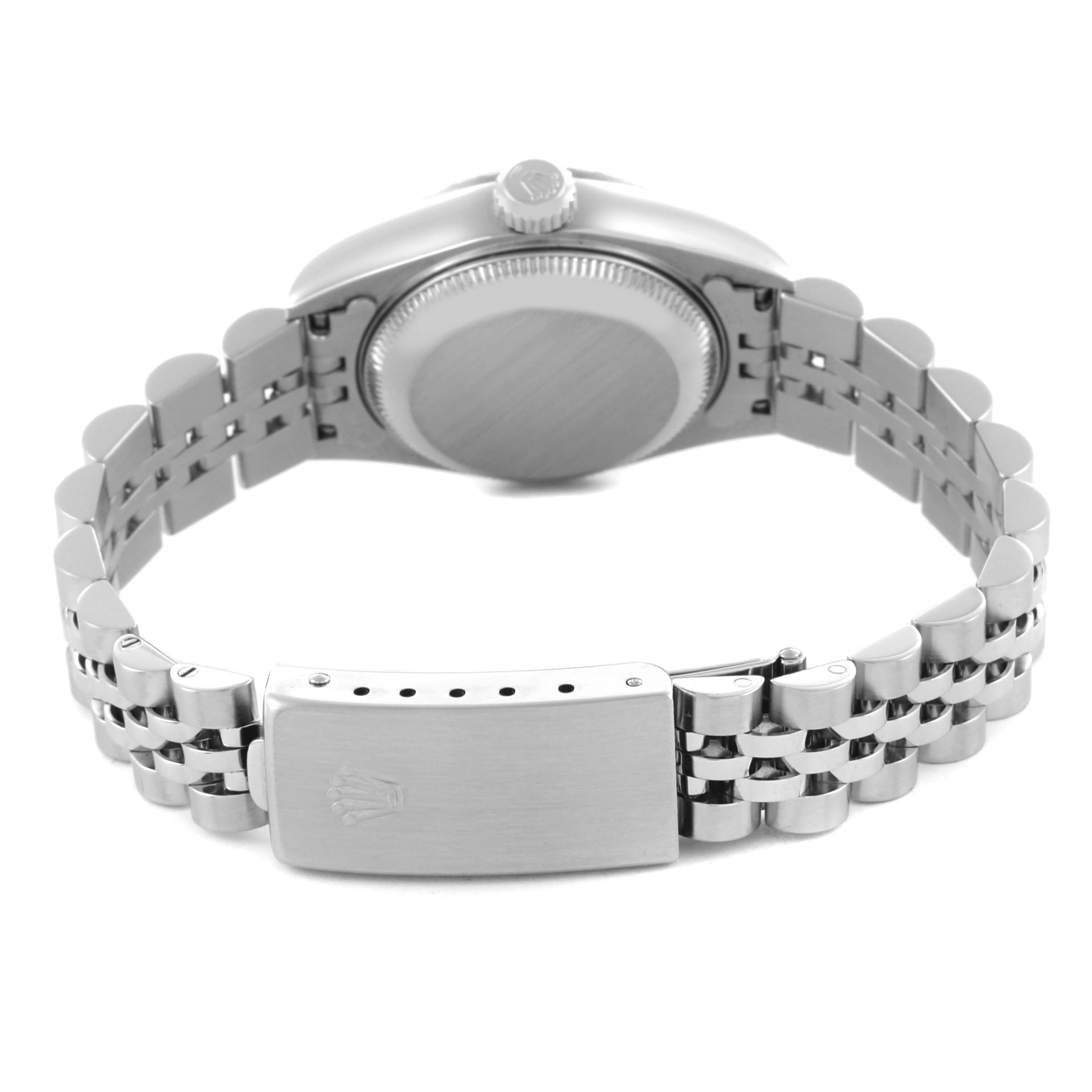 The image shows the back and clasp of a Rolex Date 79240 Women
s Stainless Steel White Dial 79240 Women
s Stainless Steel White Dial model watch, highlighting the bracelet and case back.