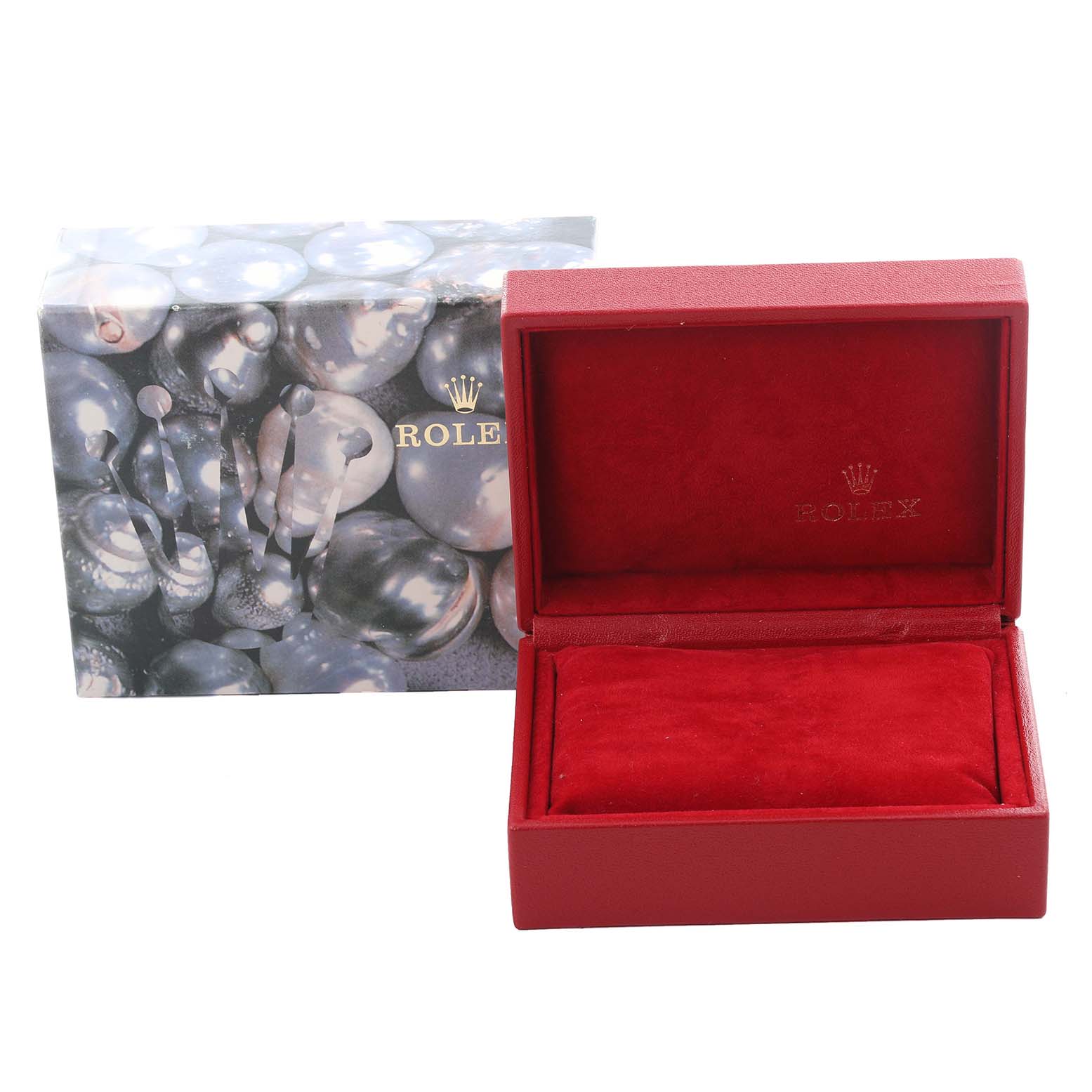 The image shows a Rolex Date 79240 Women
s Stainless Steel White Dial 79240 Women
s Stainless Steel White Dial watch box with a red velvet interior and a decorative outer case.