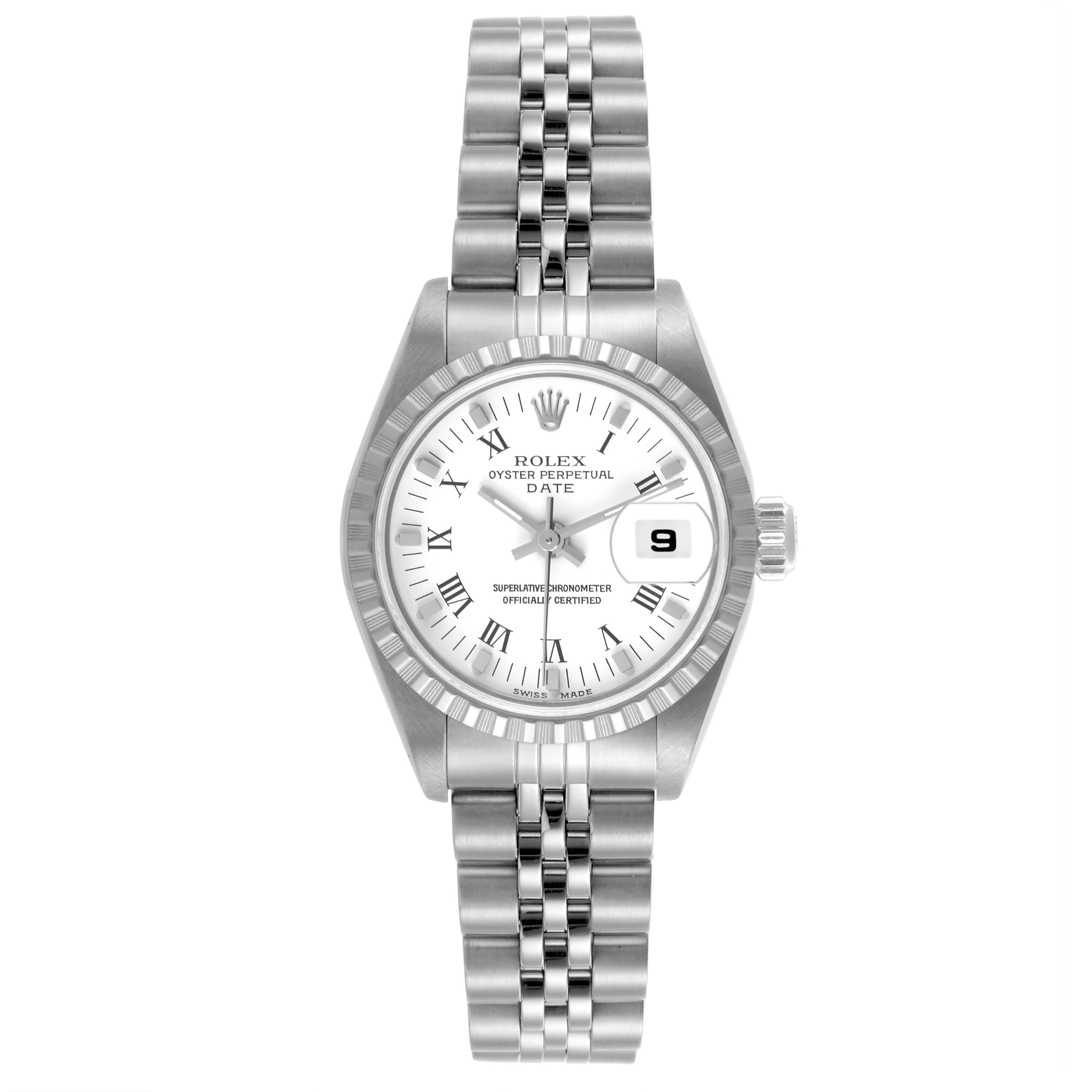 The Rolex Date 79240 Women
s Stainless Steel White Dial 79240 Women
s Stainless Steel White Dial watch is shown from the front, displaying the dial, bezel, crown, and bracelet.
