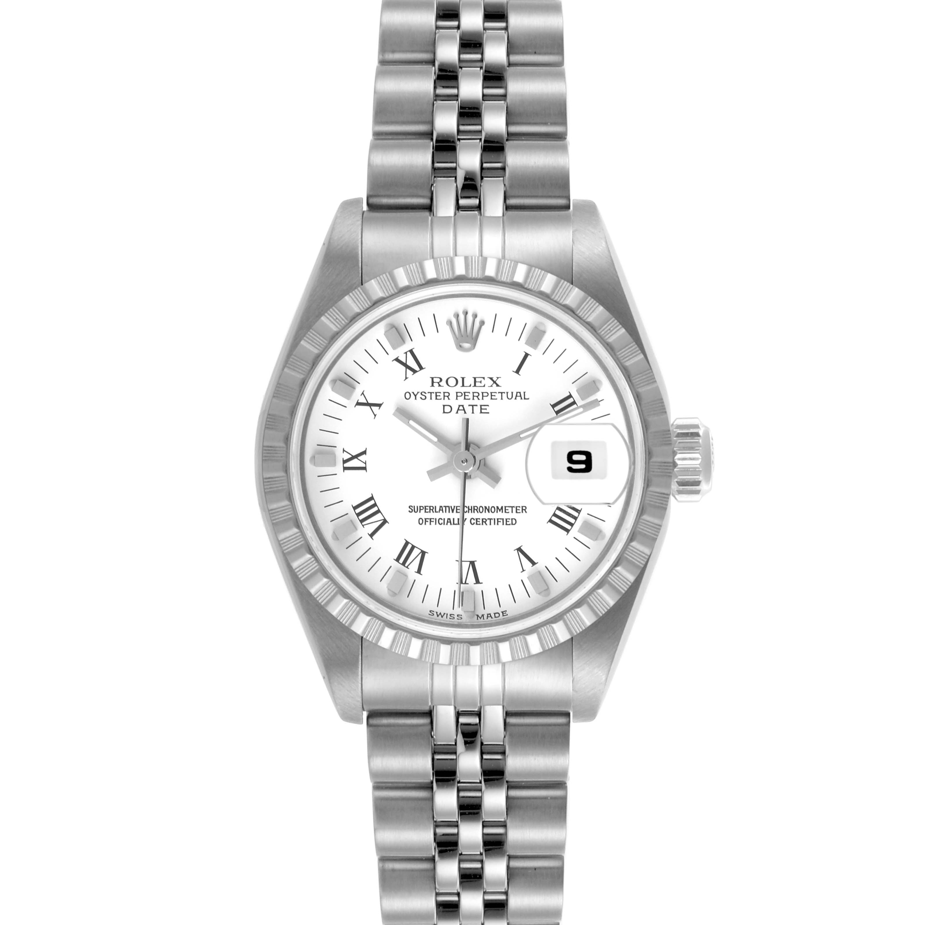 The Rolex Date 79240 Women
s Stainless Steel White Dial 79240 Women
s Stainless Steel White Dial watch is shown from the front, displaying its dial, bezel, and bracelet.