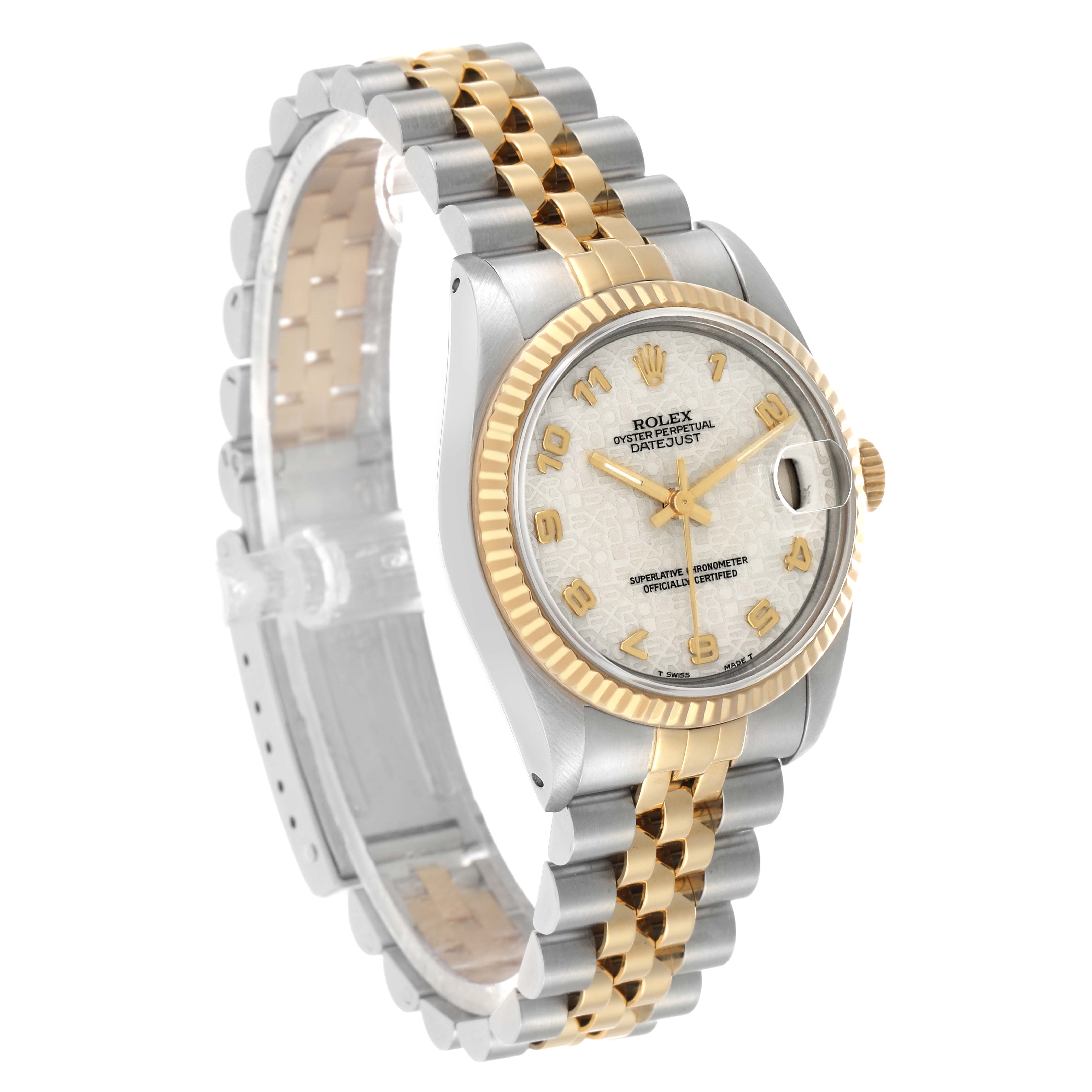 The Rolex Mid-Size 68273 Women's Steel and Gold (two tone) Champagne Dial watch is shown at a three-quarter angle, displaying its dial, bezel, and two-tone bracelet.