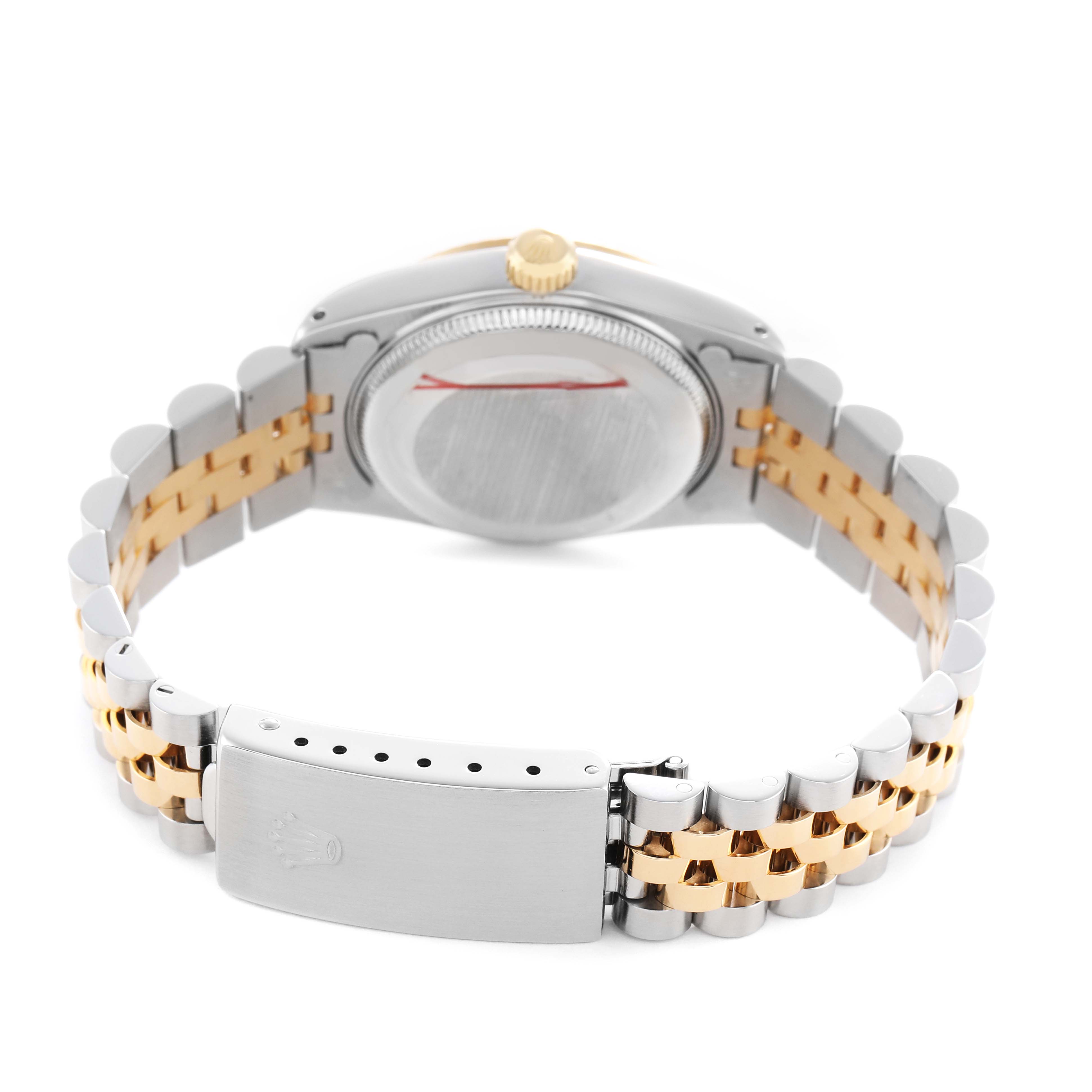 The Rolex Mid-Size 68273 Women's Steel and Gold (two tone) Champagne Dial watch is shown from the back, highlighting the case back, bracelet, and clasp.