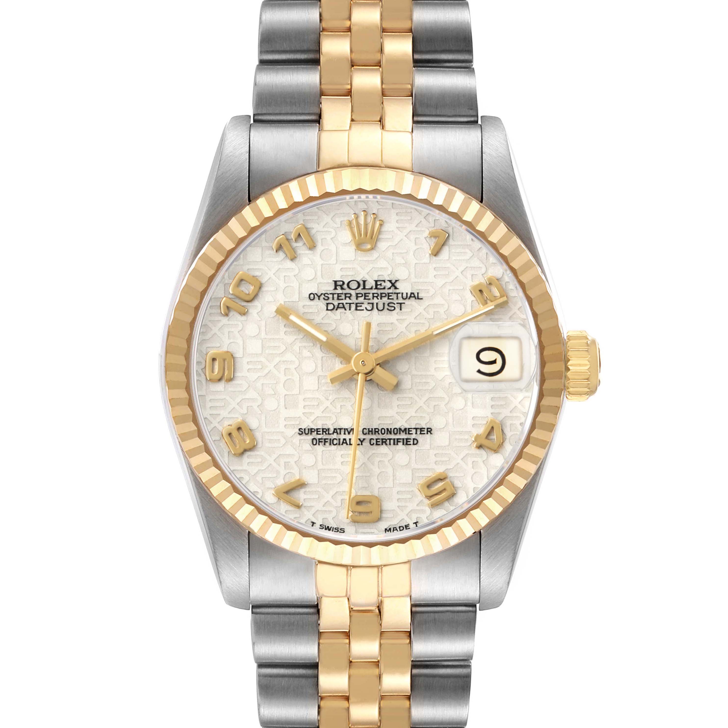 The Rolex Oyster Perpetual Datejust Mid-Size watch is shown from the front, highlighting the face, dial, bezel, and bracelet.