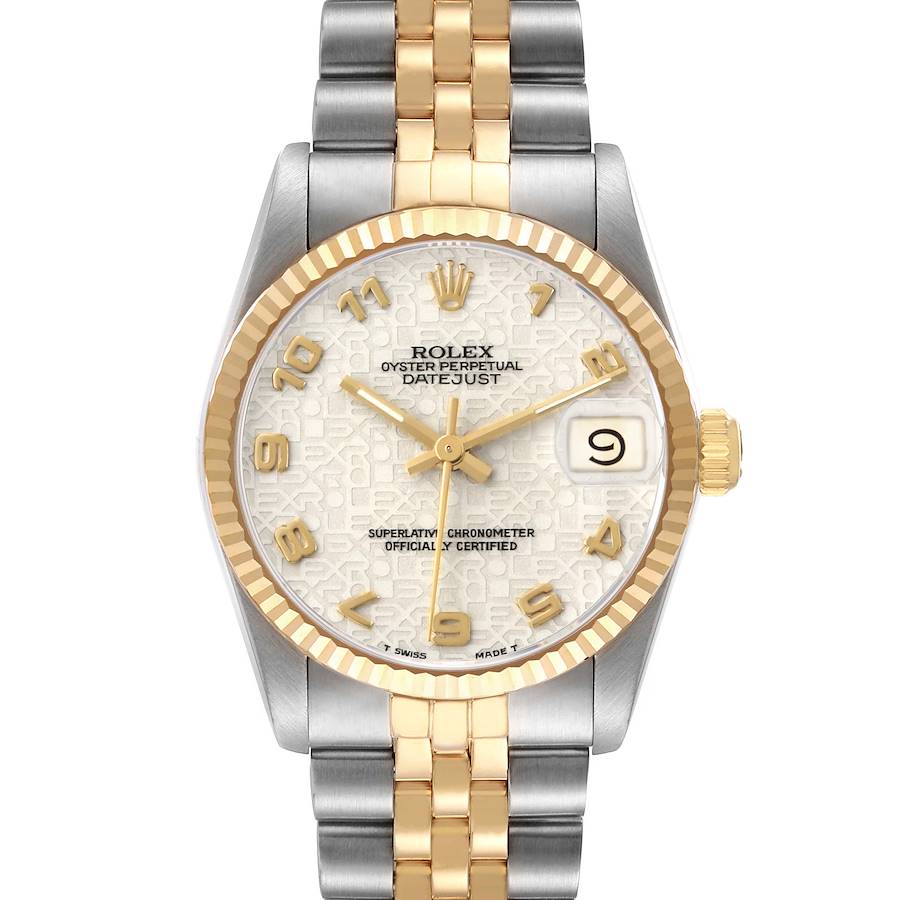 The Rolex Oyster Perpetual Datejust Mid-Size watch is shown from the front, highlighting the face, dial, bezel, and bracelet.