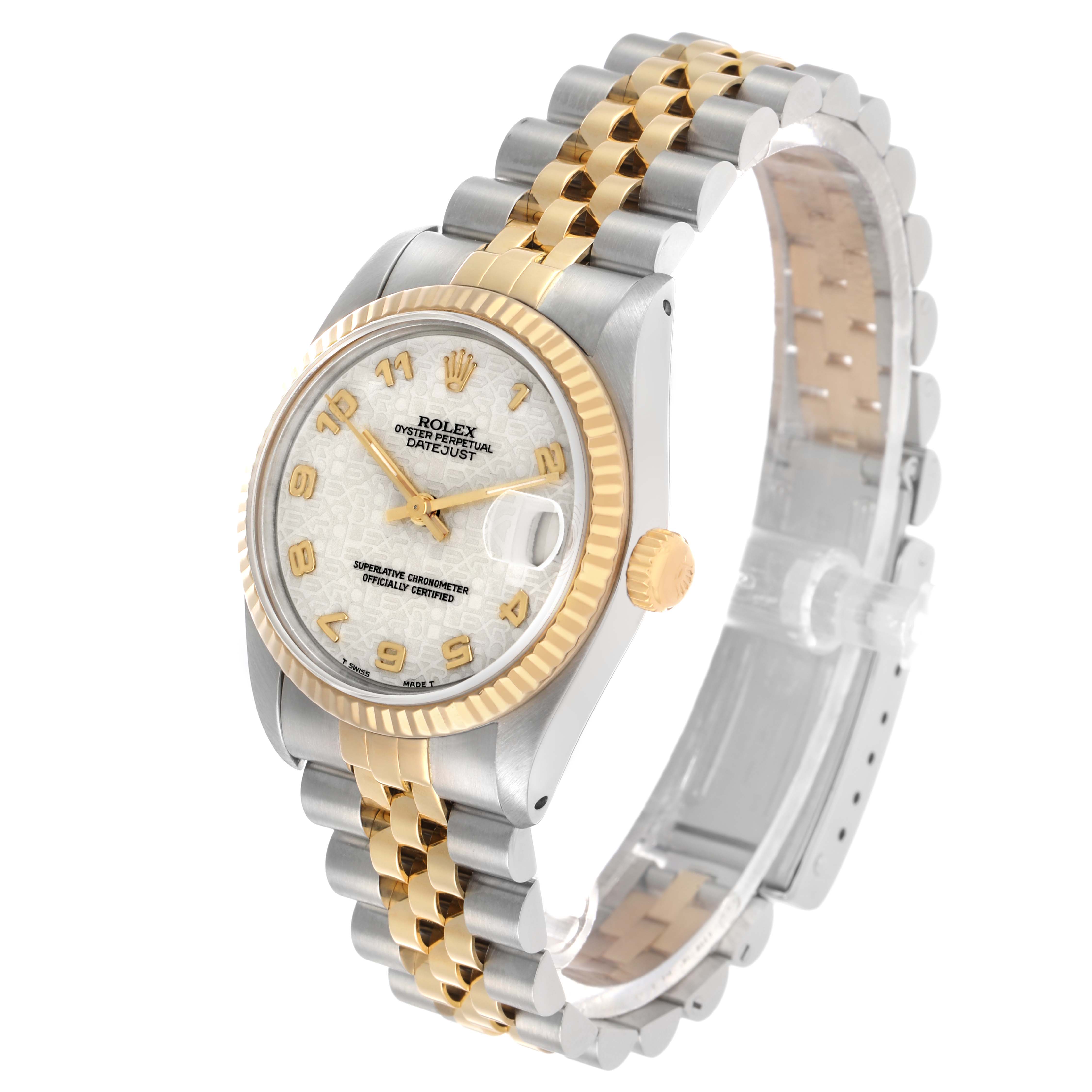 The Rolex Mid-Size 68273 Women's Steel and Gold (two tone) Champagne Dial watch is angled to show the face, bezel, crown, and strap with a mix of gold and silver tones.