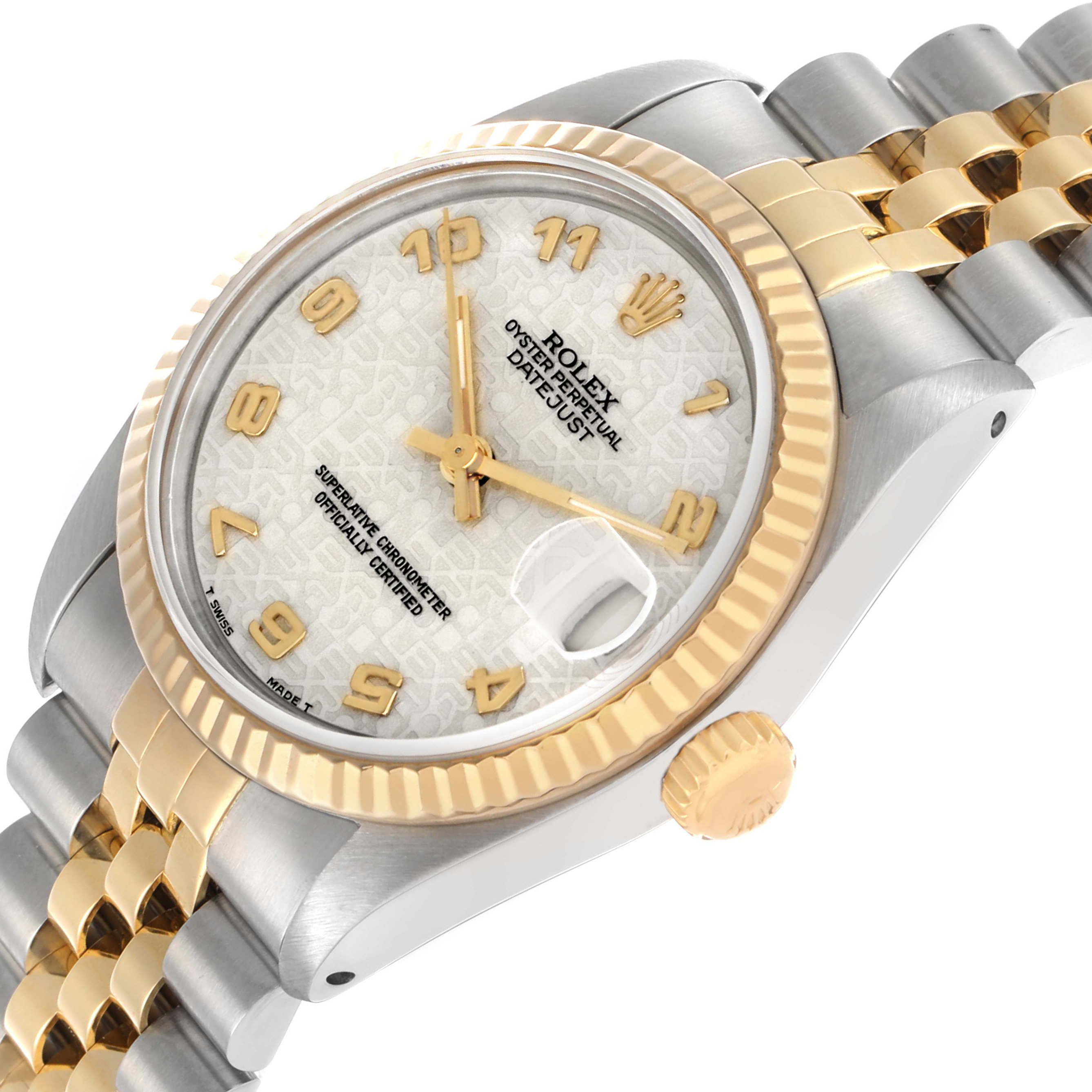 The image shows the Rolex Mid-Size 68273 Women's Steel and Gold (two tone) Champagne Dial Datejust watch at a slight angle, highlighting the bezel, crown, and part of the bracelet.
