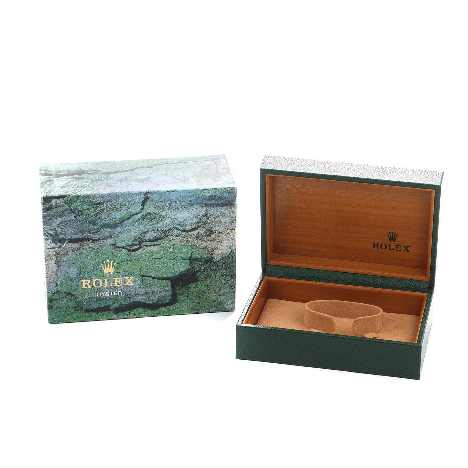 The image shows a Rolex Mid-Size 68273 Women's Steel and Gold (two tone) Champagne Dial model watch box and packaging, opened to reveal the interior.