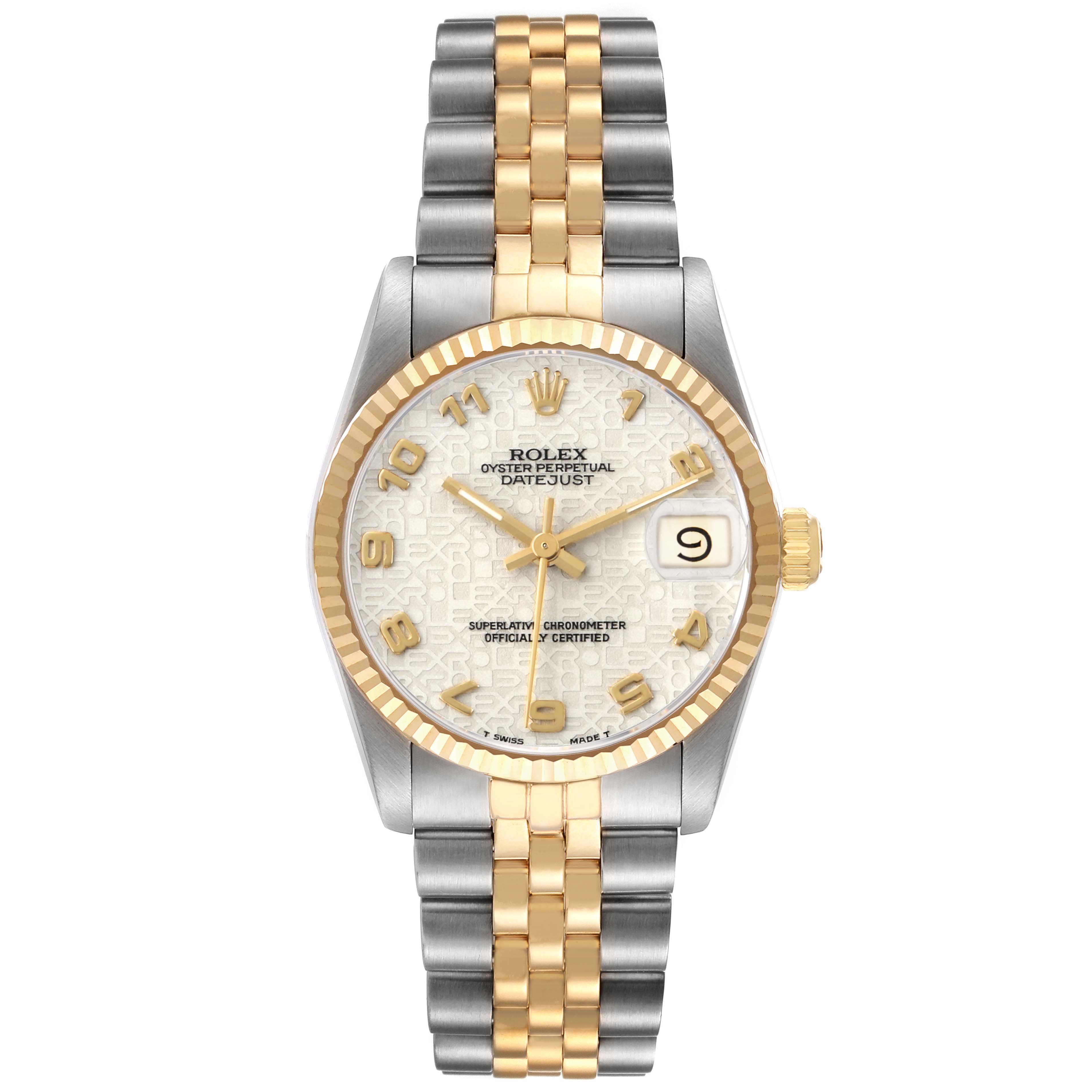 The Rolex Mid-Size 68273 Women's Steel and Gold (two tone) Champagne Dial watch is shown from the front, displaying its dial, bezel, bracelet, and date feature.