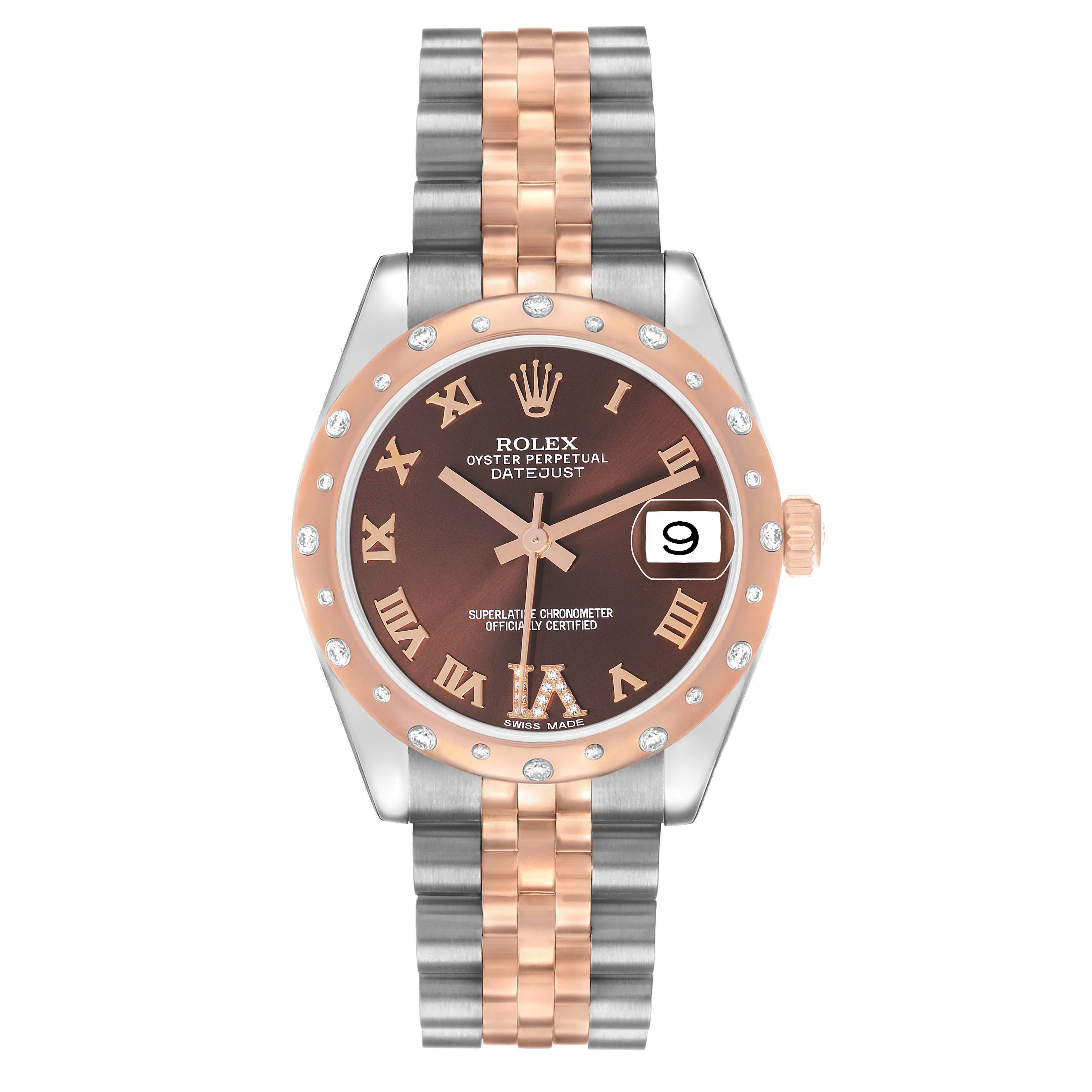 This Rolex Datejust Mid-Size watch is shown from the front, highlighting the dial, bezel, case, and part of the bracelet.