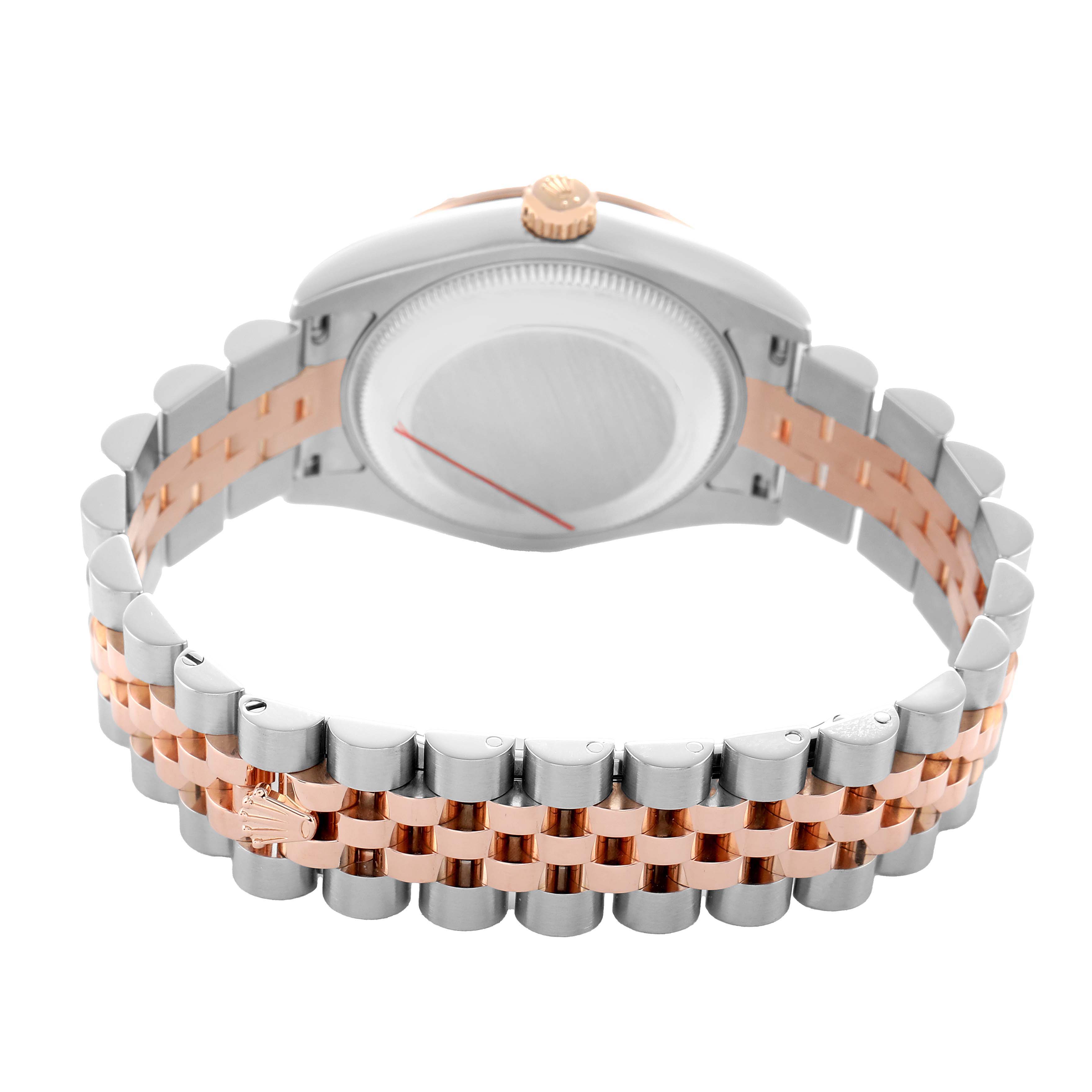 The image shows the backside of a Rolex Mid-Size 178341 Women's Steel and Gold (two tone) Brown Dial watch, highlighting the case back and two-tone bracelet.