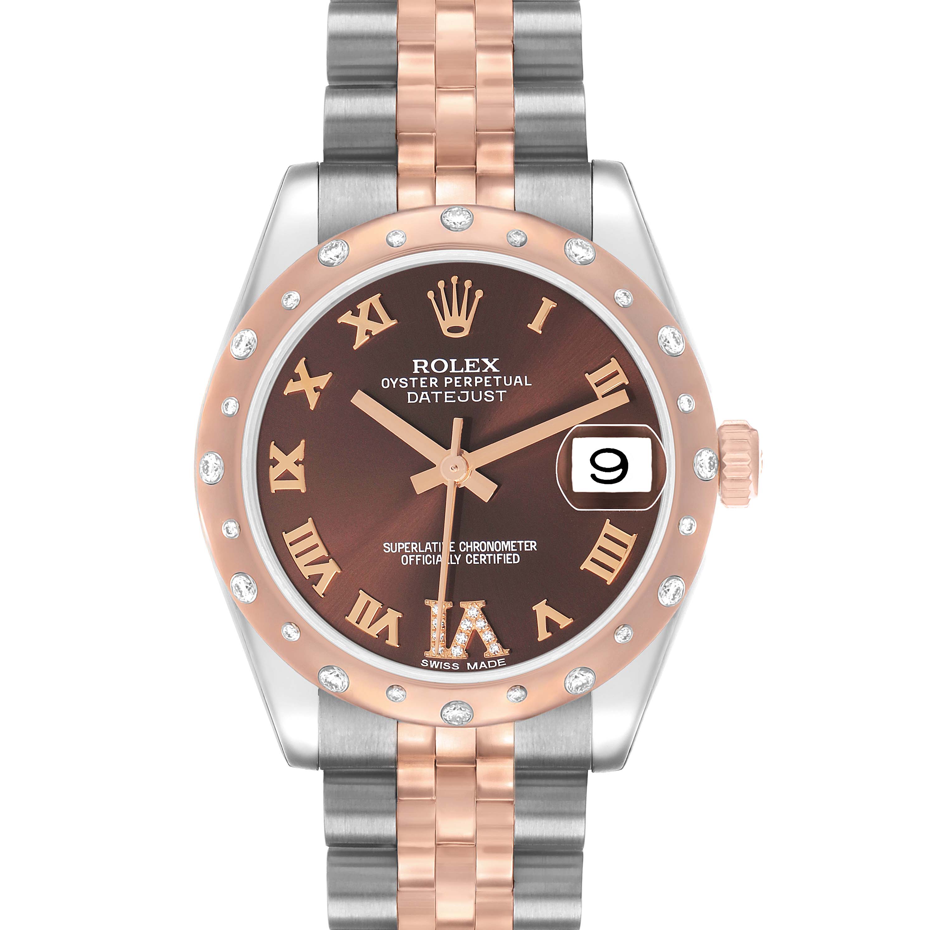 The Rolex Datejust Mid-Size watch is shown from a front angle, displaying the dial, bezel, and bracelet.