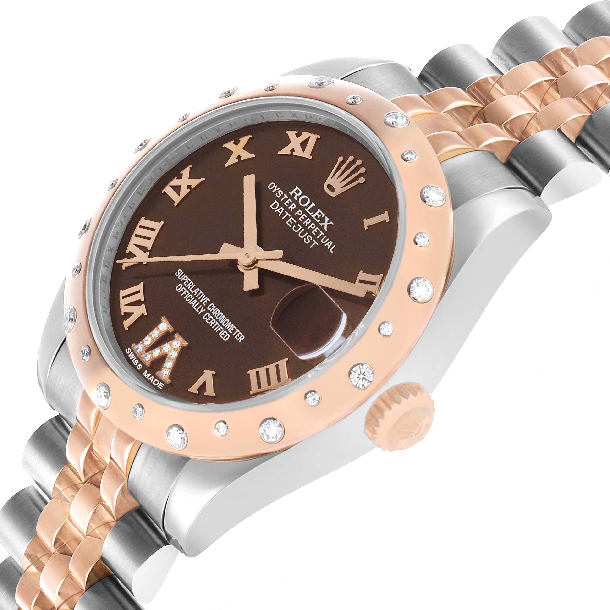 The Rolex Mid-Size 178341 Women's Steel and Gold (two tone) Brown Dial watch is shown at a slight angle, highlighting the dial, bezel, crown, and bracelet.