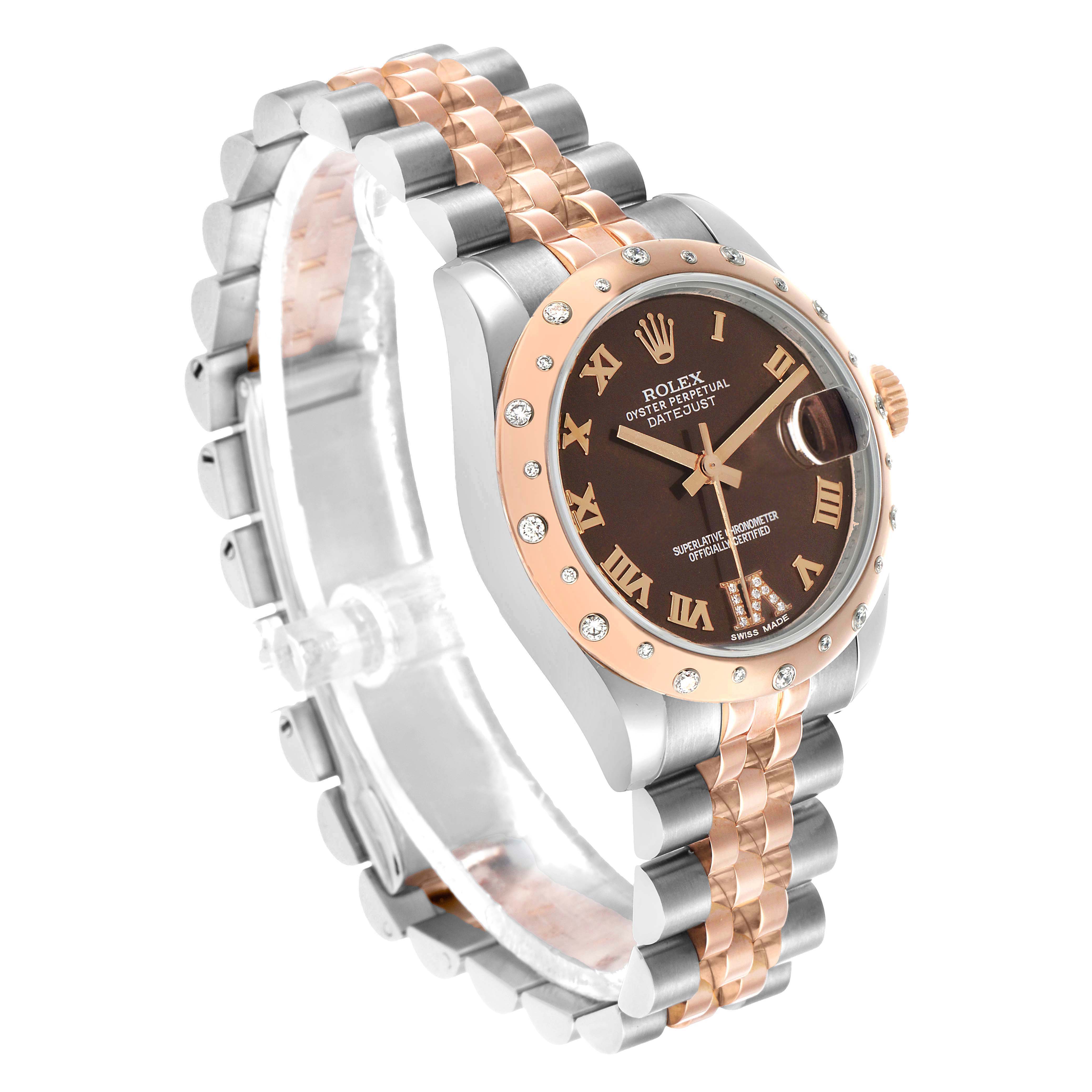 The Rolex Mid-Size 178341 Women's Steel and Gold (two tone) Brown Dial watch is shown at a three-quarter angle, displaying the face, bezel, and Jubilee bracelet.