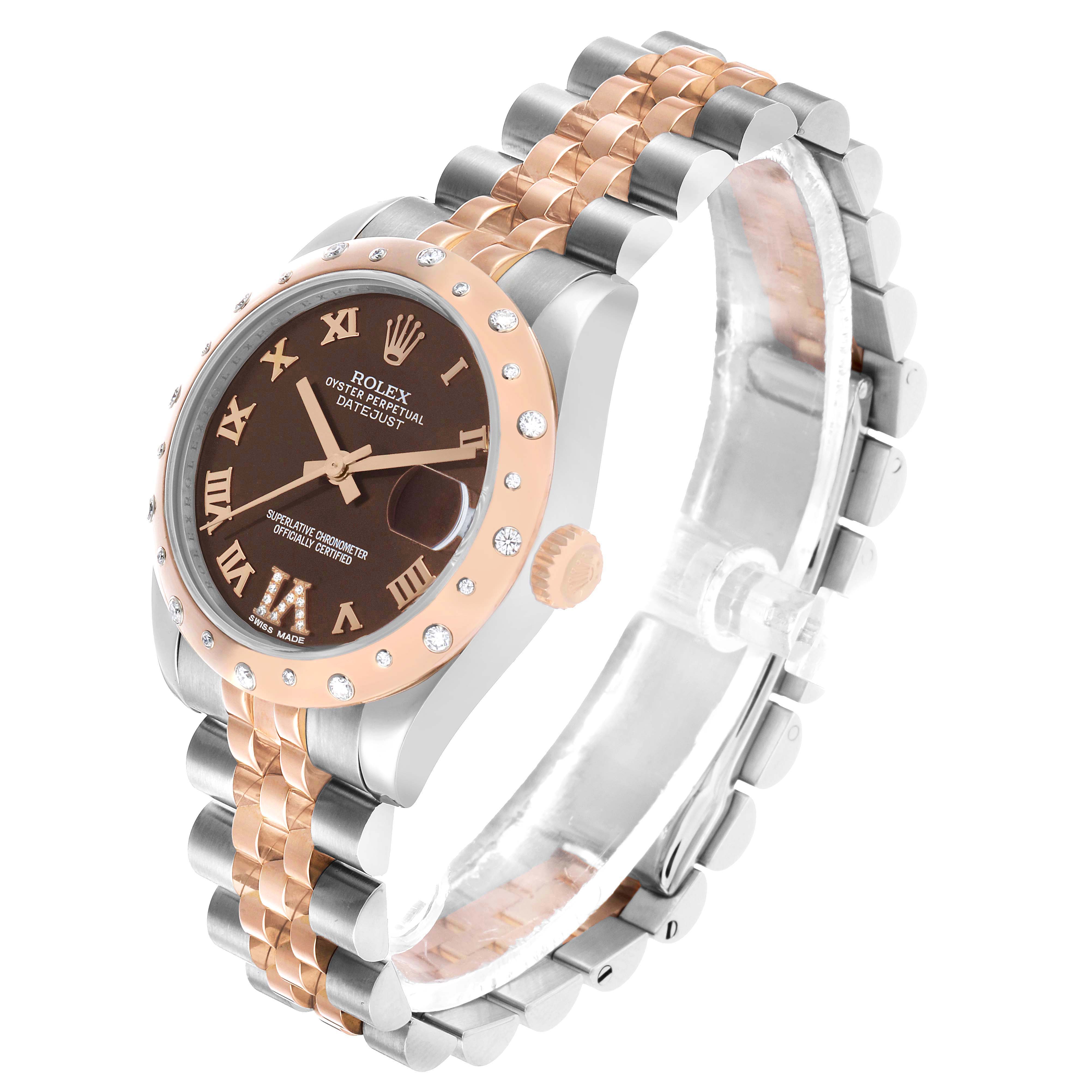 The Rolex Mid-Size 178341 Women's Steel and Gold (two tone) Brown Dial model is shown at a three-quarter angle, highlighting the face, bezel, and two-tone bracelet.
